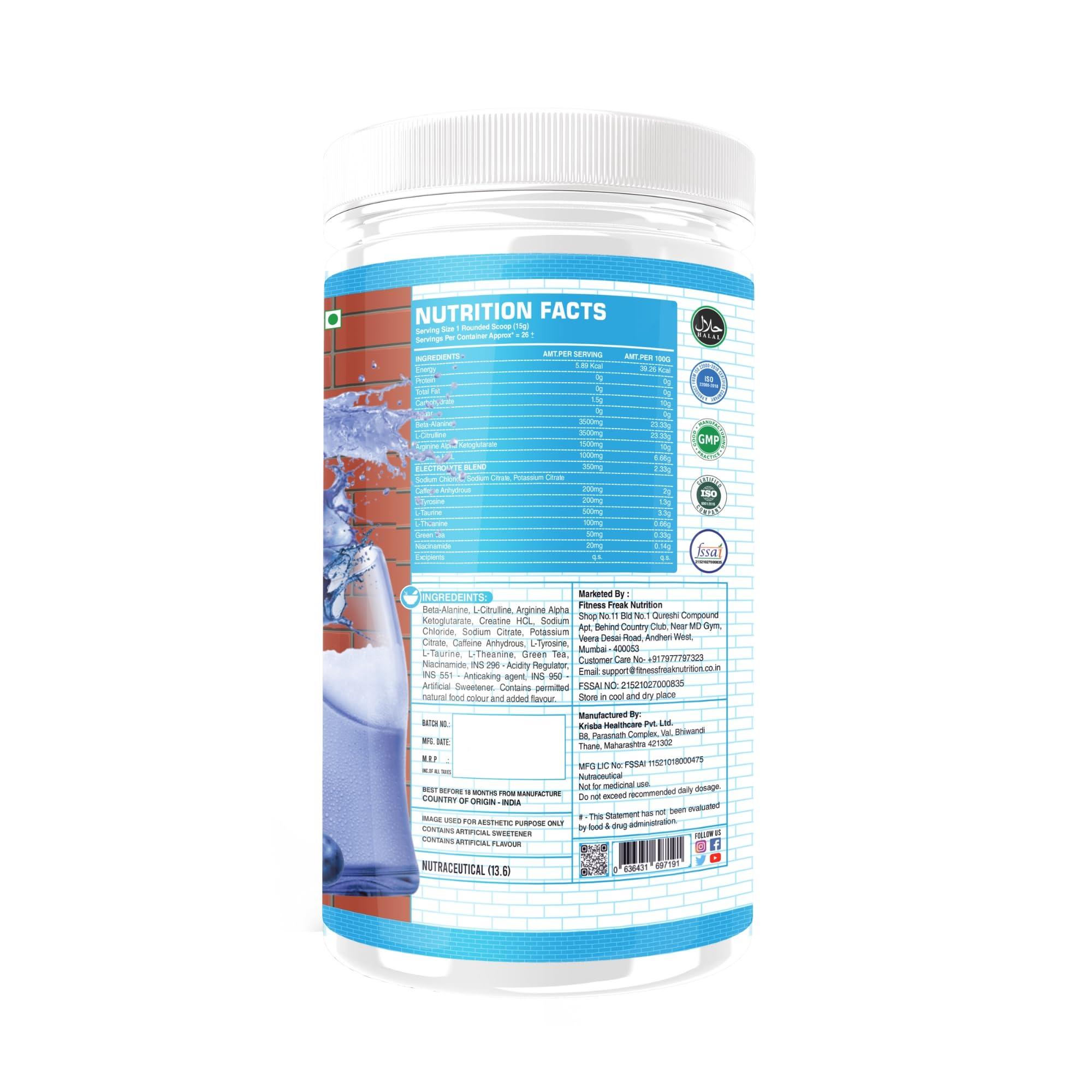 FITNESS FREAK NUTRITION Fitness Freak Nutrition Pre-Workout (30 Servings) Premium Supplement for Enhanced Focus, Strength, Energy, and Pump 100% Dope-Free, Banned Substance Tested, 400g - Blueberry