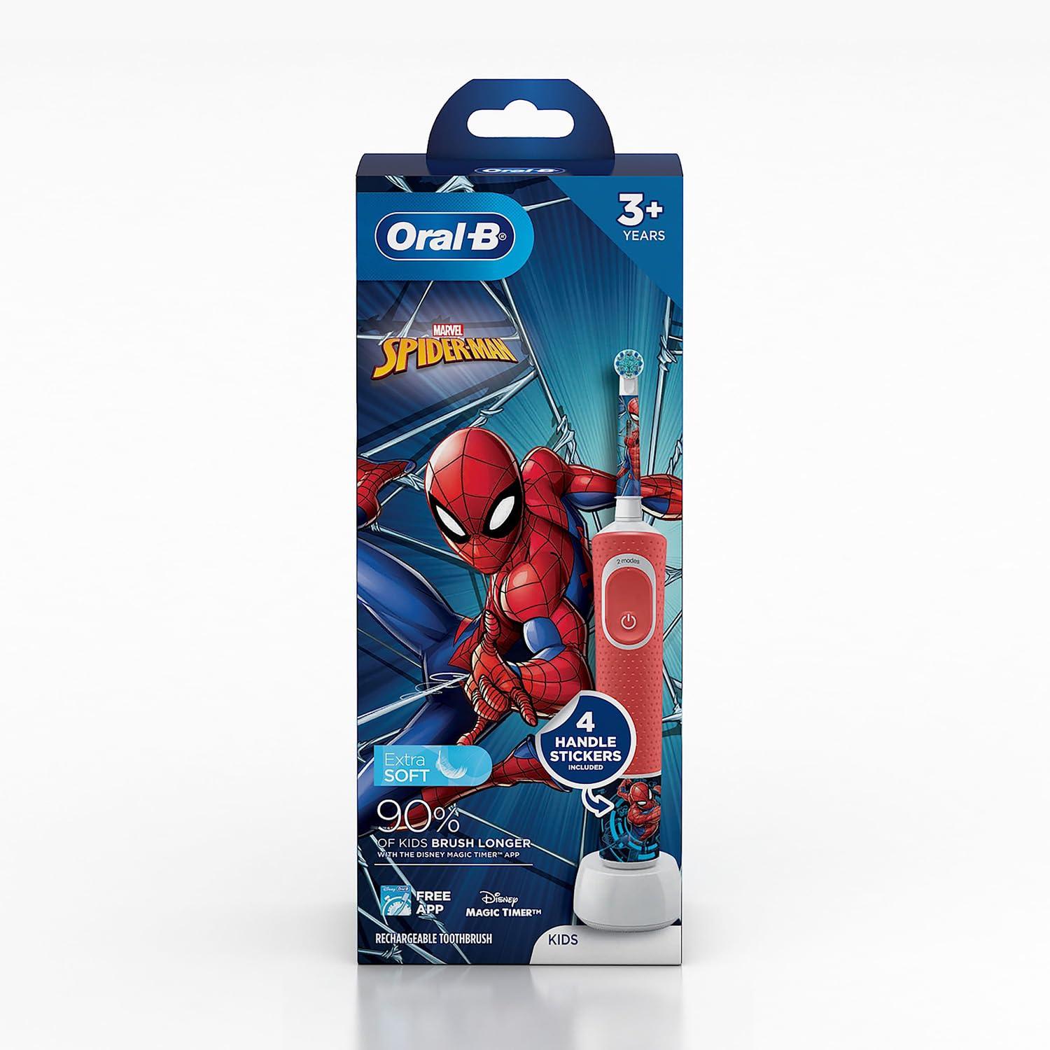Oral-B Oral B Kids Spiderman Rechargeable Rotating Electric Toothbrush, 2 Brushing Modes & Oral B ORIGINAL Kids Rechargeable Electric Toothbrush Soft Replacement Brush Heads,Spider Man, 2 Refills