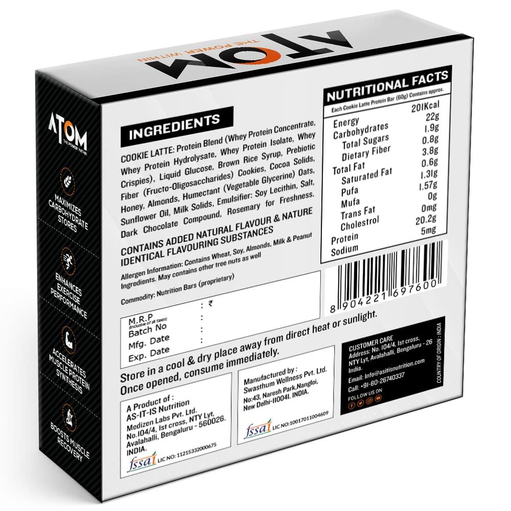 Asitis Nutrition Asitis Nutrition Atom High Protein Bar,20Gm Protein,Zero Transfat,Zero Added Sugar,Whey Protein Concentrate, Isolate & Hydrolysate As Protein Source,Pack Of 6 (60Gm X 6),Lathe Cookie