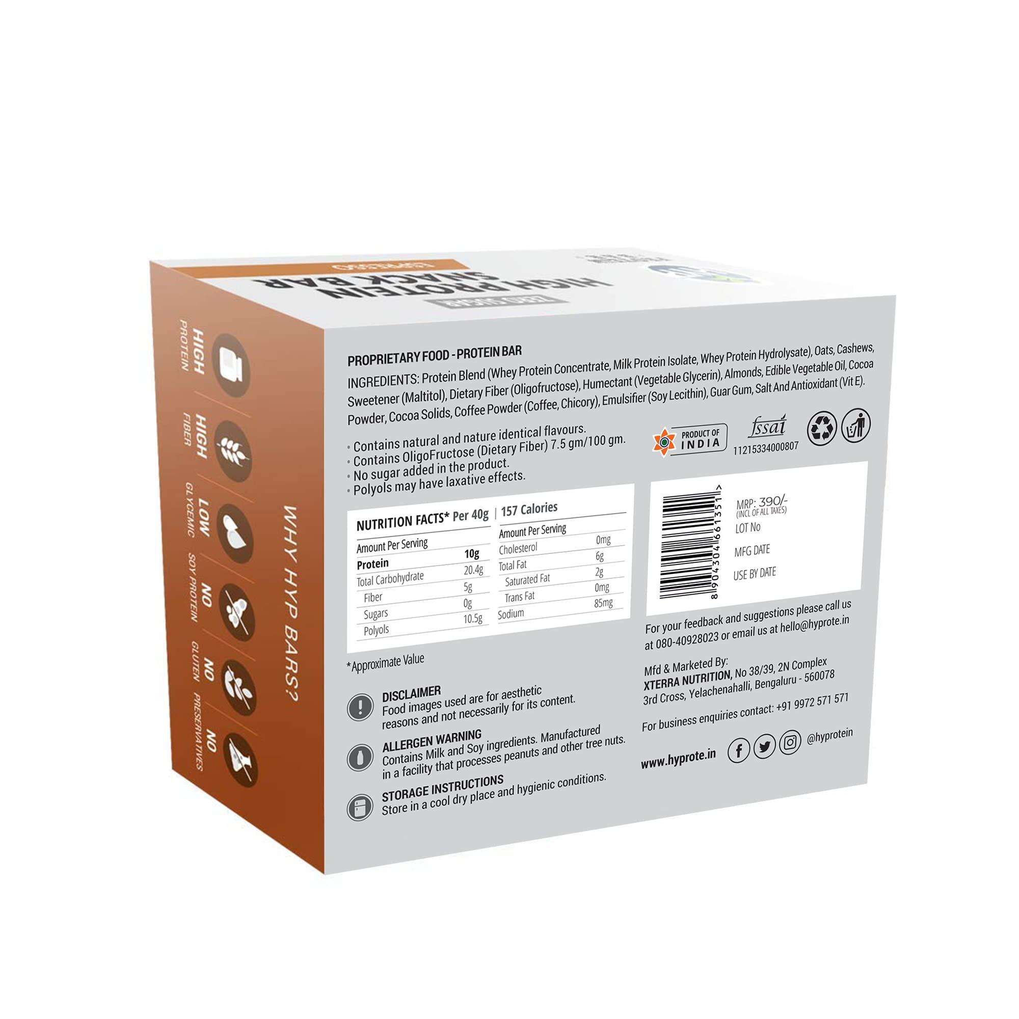 HYP HYP - High Protein Snack Bar, Chocolate Espresso (6x40g) | No Added Sugar | Protein Chocolate Bar Espresso Flavor | Gluten Free Protein Bars | High Protein Snack | Protein Bar Sugar Free