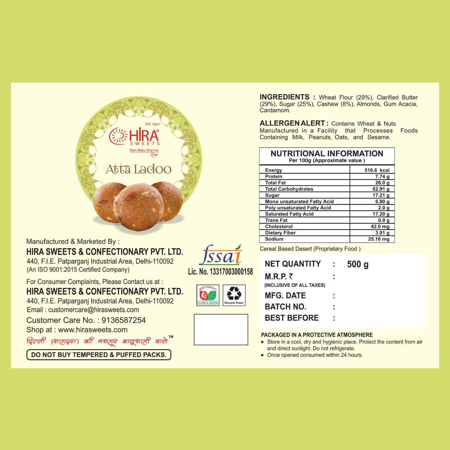 HIRA SWEETS HIRA SWEETS Atta Ladoo 500 g | Made with Pure Desi Ghee | Atta Laddu | Handcrafted Indian Traditional Sweets | Indian Mithai | No Added Colours or Flavors | Festival Indian Sweets Box