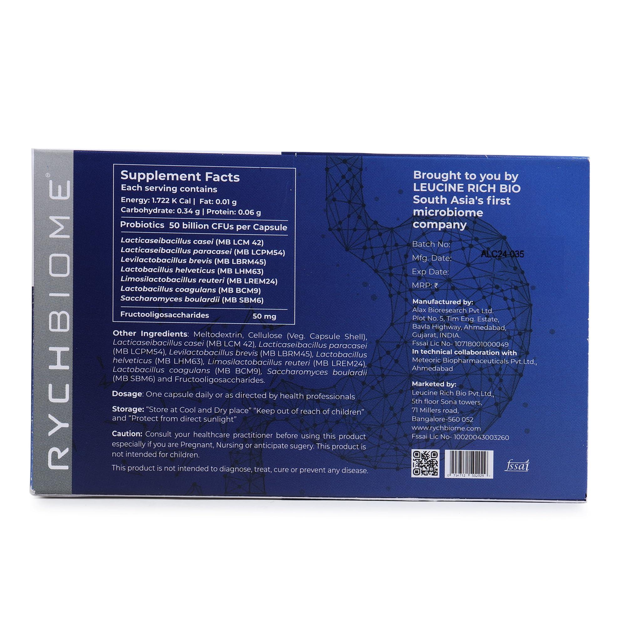 RYCHBIOME INDUS RYCHBIOME, Essential 7 Probiotic Strains|1 Prebiotic, Based On Indian Gut Microbiome Data | 50 Billion CFU| 20 Veg Capsules