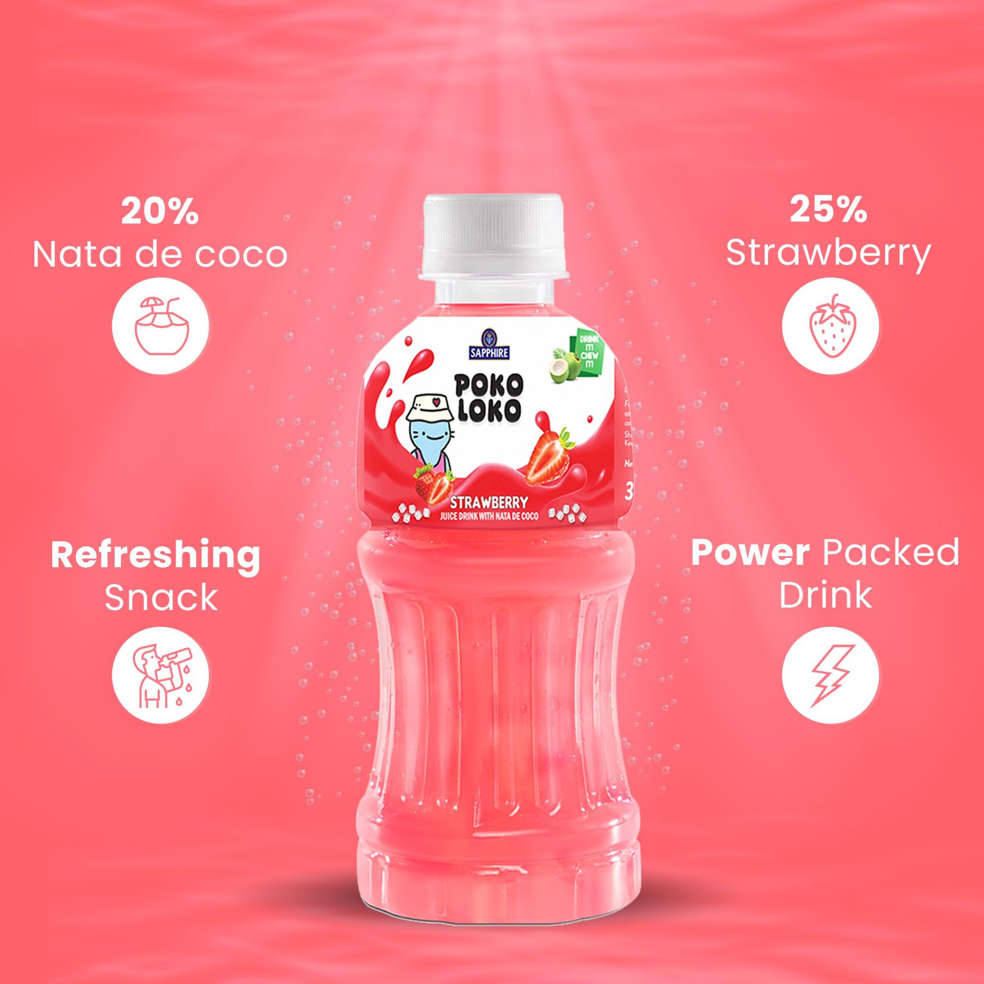 Sapphire Sapphire Poko Loko Strawberry Flavoured Fruit Juice Drink with Nata De Coco | Refreshing Fruit Drink filled with Natural Fruit Fibres, 300ml (Pack of 6)
