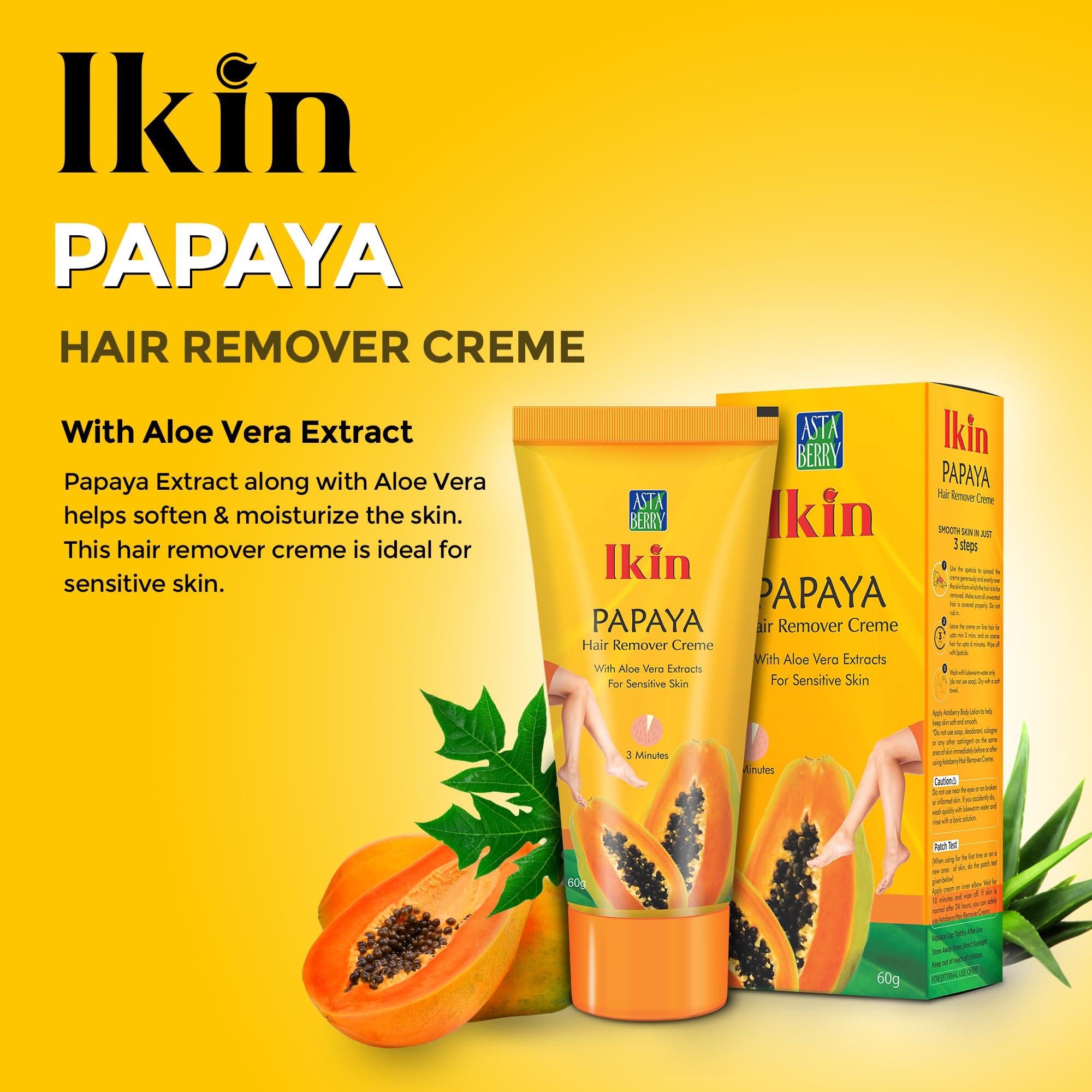 Ikin Ikin Papaya Hair Remover Cream For Sensitive Skin - Bikini Hair Removal Cream For Women & Girls (Pack of 2 (60gm X 2))