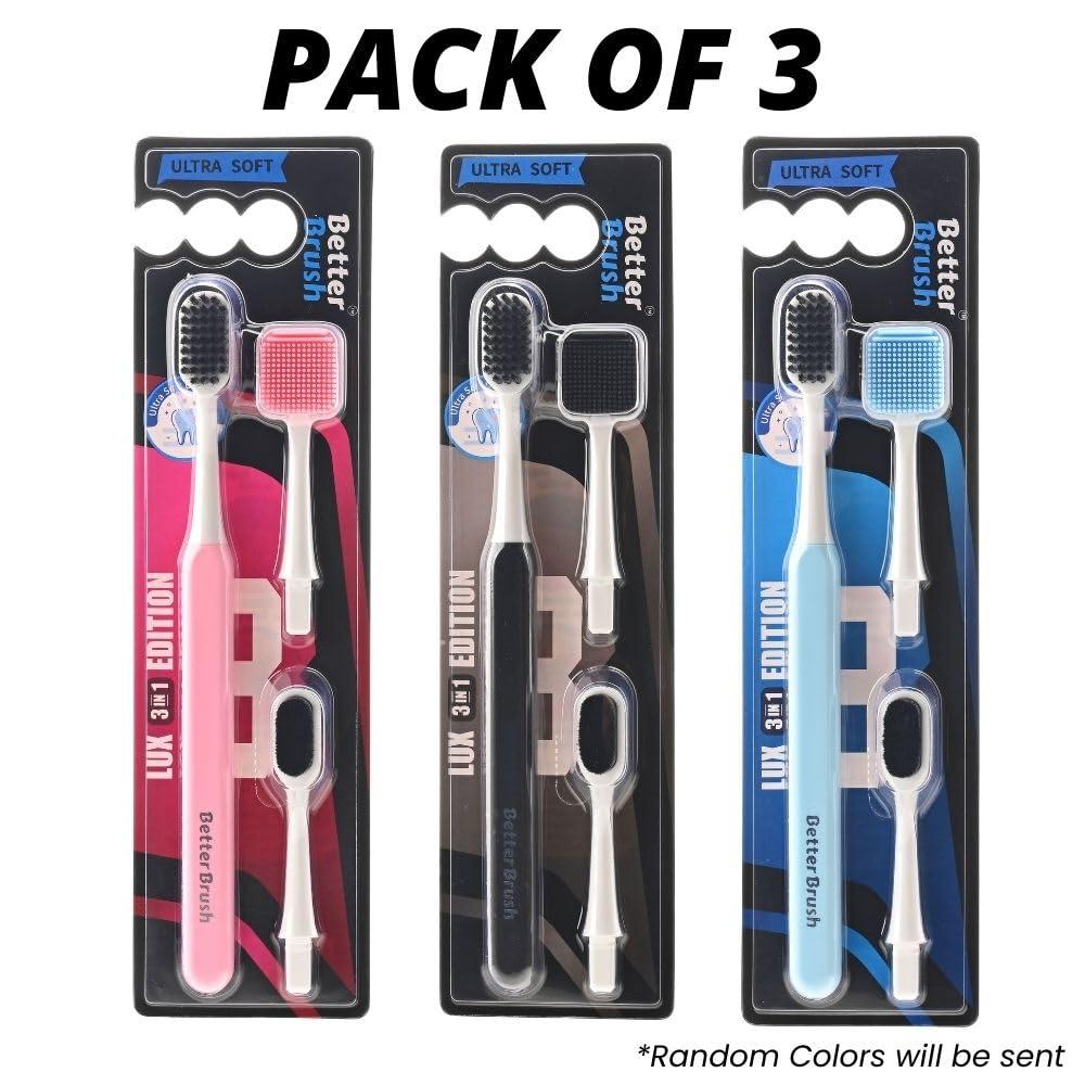 Better Brush Better Brush Manual , Lux 3 In 1 Edition, Toothbrush Extra Soft | 12000+ Bristles | 100+ Bristles Tongue Cleaner | Worlds Softest Toothbrush (4), Adult, Multicolor, Pack Of 4