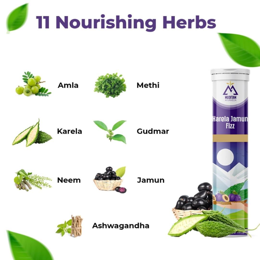 Generic Muditam Ayurveda Karela Jamun Fizz | 60 Effervescent Tablets | Pack of 3 | 1 Month Dose