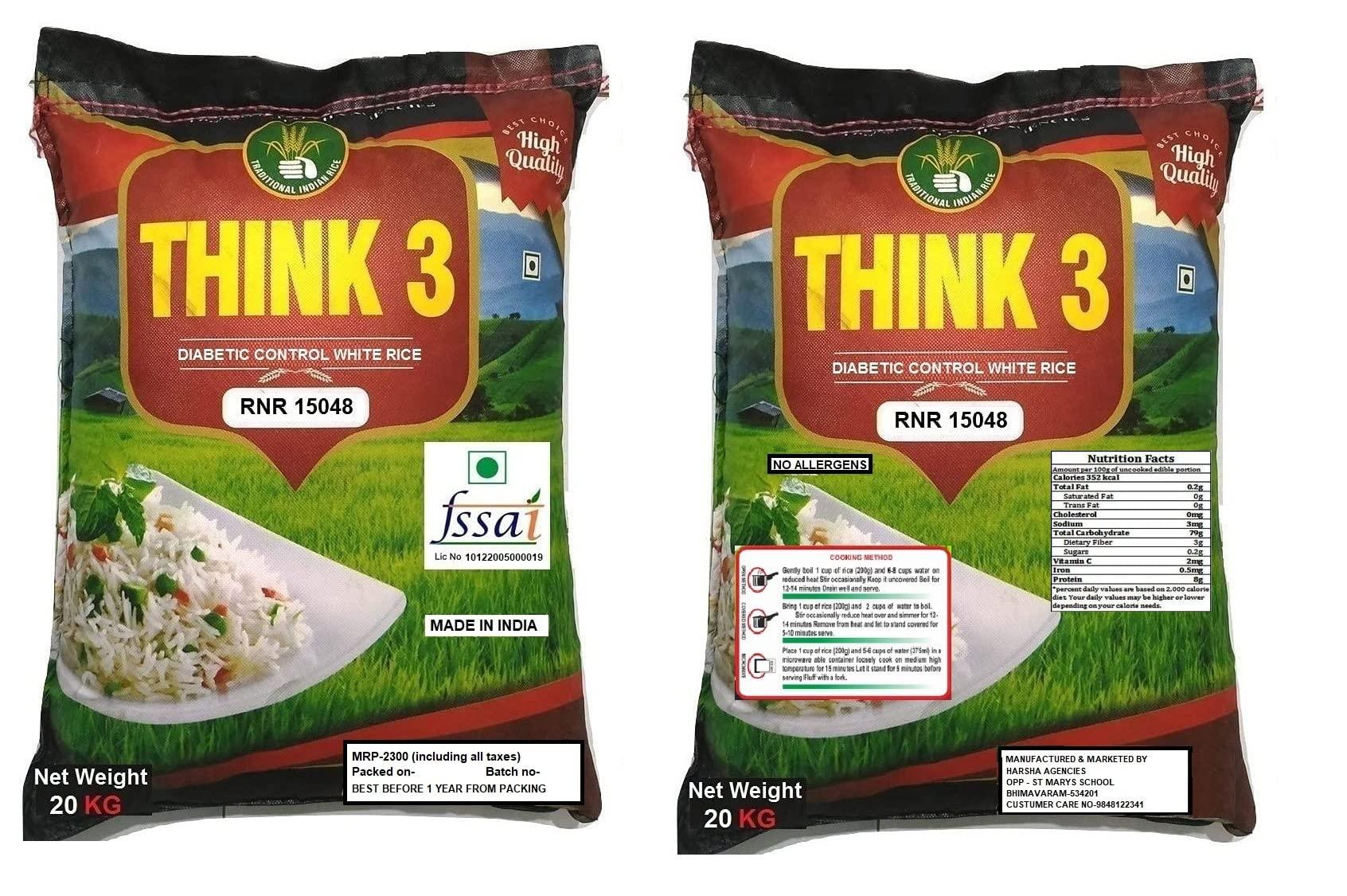 THINK3 THINK3 Diabetic Control White Rice RNR 15048 with Low glycemic Index (20 kg)