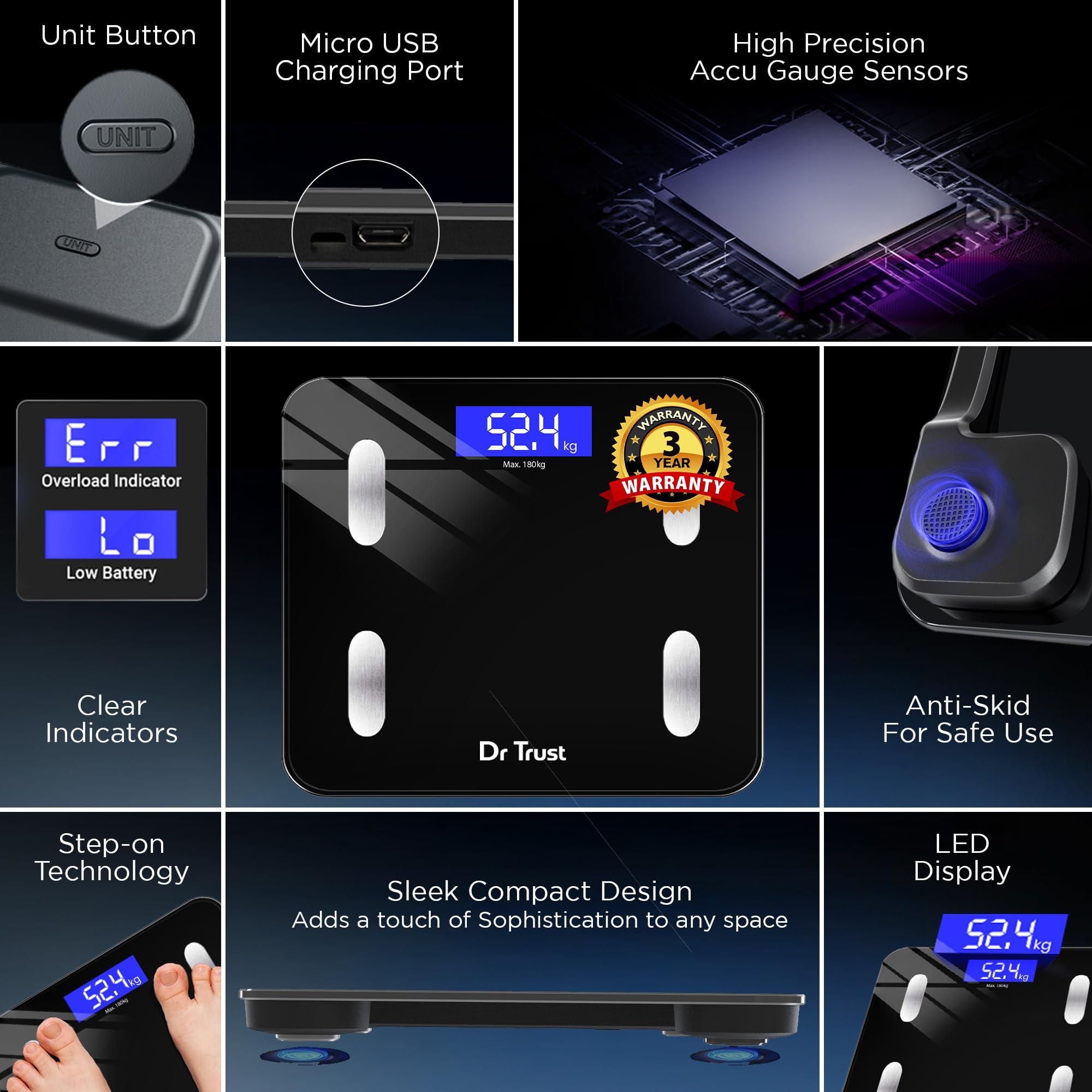 Dr Trust Dr Trust Digital Smart Electronic Rechargeable Bluetooth Fitness Body Composition Monitor Fat Analyzer Weight Machine and Weighing Scale-509 (Black)