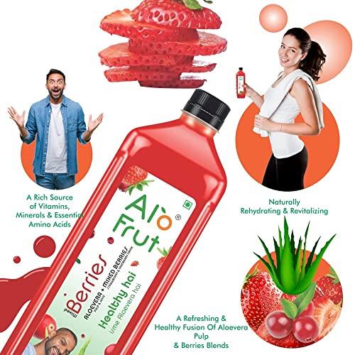 ALO FRUT Alo Frut Berries Aloevera Chunks & Juice 1 Ltr (Pack of 12) - 1 Case | Fruit Juice Mai Aloevera Chunks | Healthy Hai Isme Aloevera Hai | Ready To Serve Drink