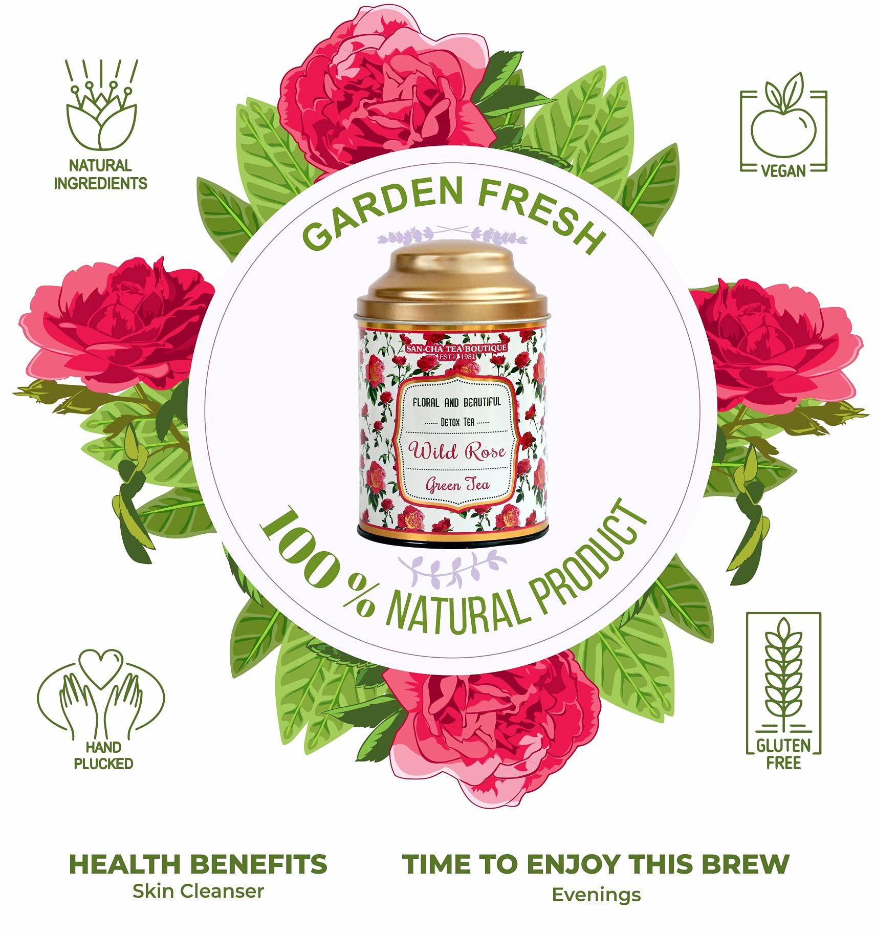 SAN-CHA SAN-CHA Tea Boutique Wild Rose Green Tea, Rose Tea (1 Gram, 100+Cups), Real Rose Petals Blend, 100% Rainforest Alliance Certified, Immunity