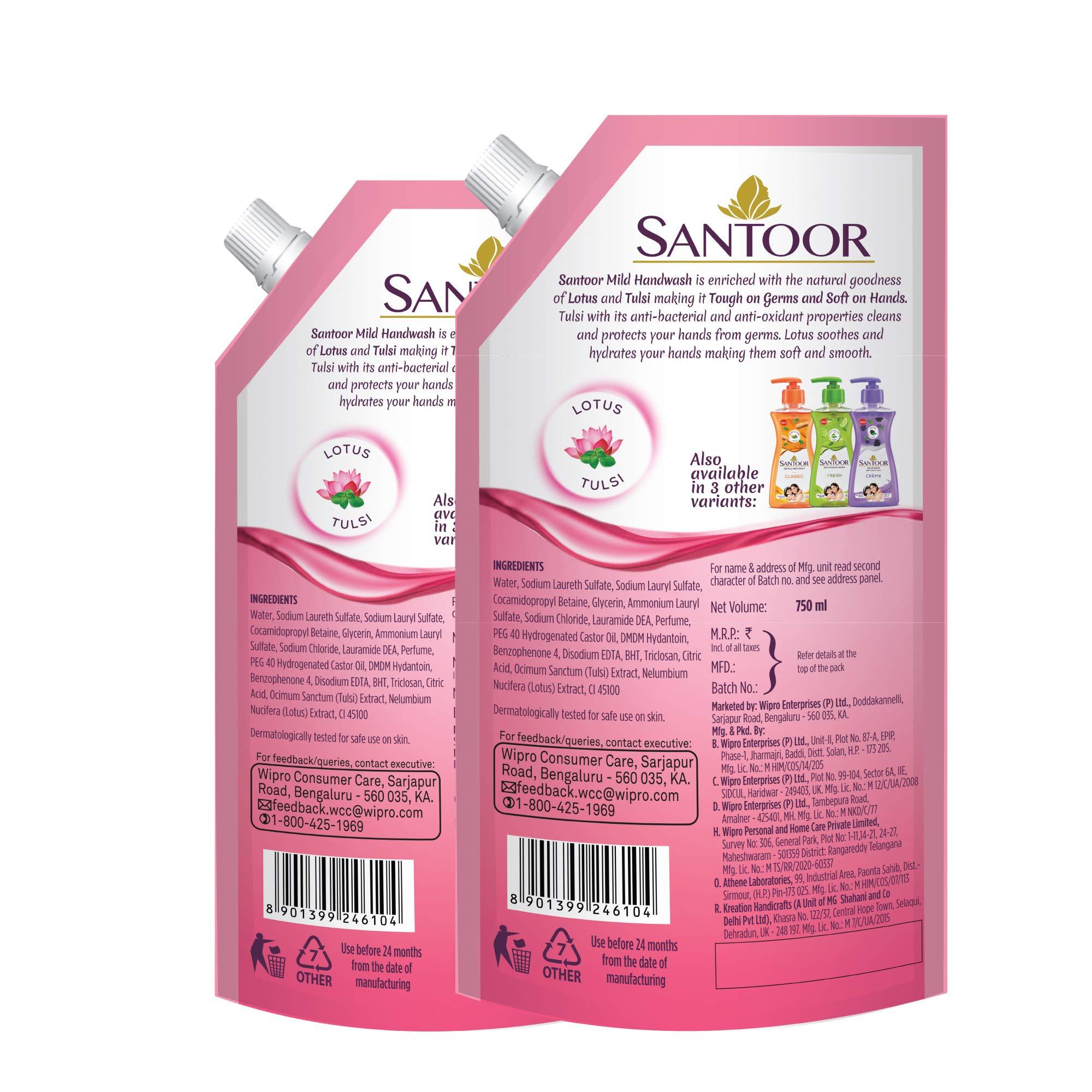 SANTOOR Santoor Hand Wash Mild 750ml & Classic Gentle Hand Wash, 1500ml with Natural goodness of Sandalwood & Tulsi & Classic Gentle Handwash with Sandalwood and Tulsi for Bacteria and Germ Protection