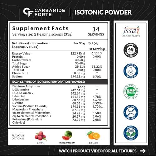 Carbamide Forte Carbamide Forte Isotonic Powder | Pre Workout Supplement For Men And Women| Instant Energy Drink for PreWorkout | Electrolytes Powder with added BCAA & L Glutamine - Litchi Flavour - 500g (Pack of 1)