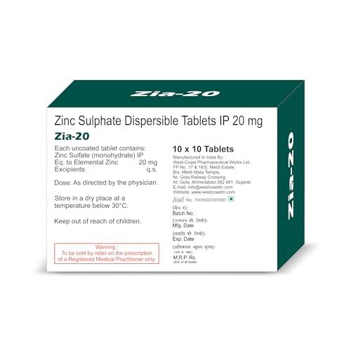 WESTCOAST WEST-COAST Zia-20 Zinc Sulphate 20mg 10x10 tablets for Zinc deficiency, enhanced Immune Support, Nutrient Absorption & Overall Wellness.
