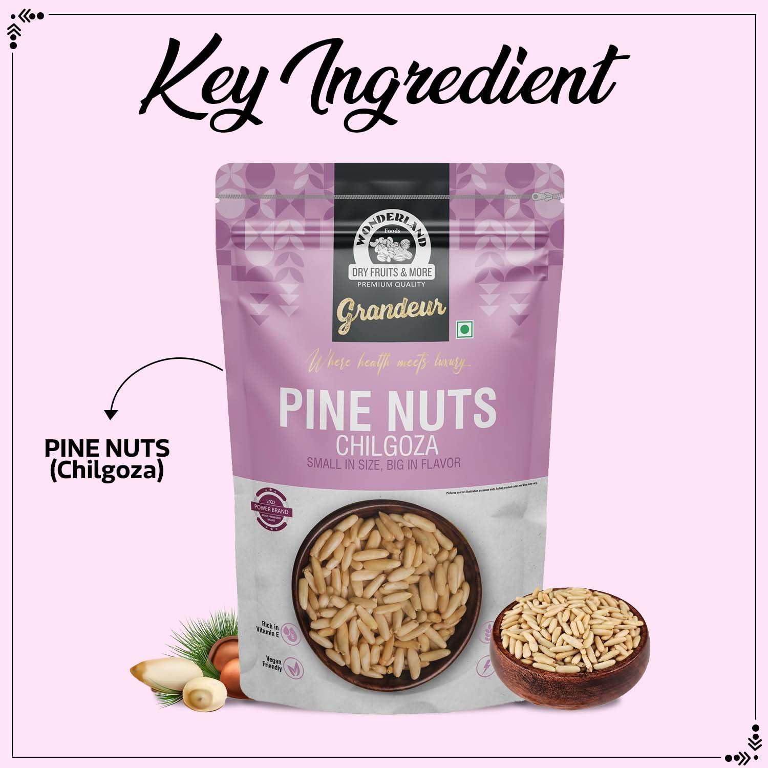 WONDERLAND FOODS (DEVICE) WONDERLAND FOODS Grandeur Premium Pine Nuts 200g Pouch | Chilgoza Dried Fruit | Chilgoza Giri | Chilgoja Seeds | Crunchy Pine Seeds for Eating, Luxury Eatable Snack