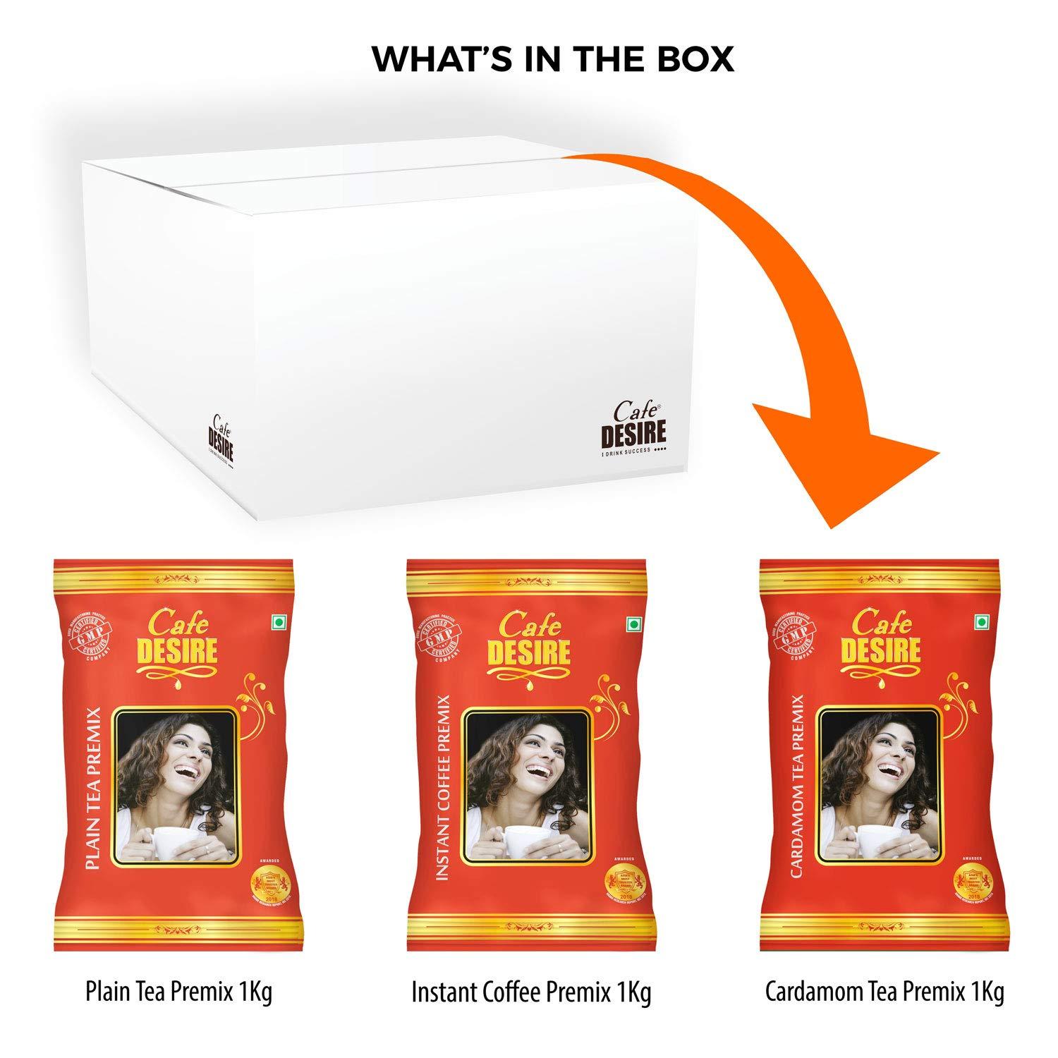Cafe DESIRE I DRINK SUCCESS Cafe DESIRE I DRINK SUCCESS Instant Coffee Premix 1Kg, Cardamom Tea Premix 1Kg, Plain Tea Premix 1Kg|Pack Of 3 X 1 Kg|Makes 250 Cups|Vending Machines Suitable, Manual-Add Hot Water, Ground, Can