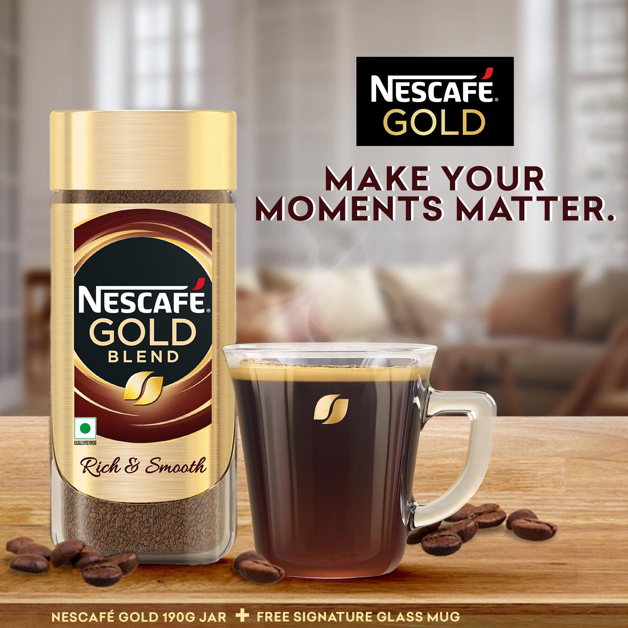 Nescafe NESCAFE Gold Instant Coffee Powder | Coffee at its best | Freeze Dried | Premium Imported Coffee | Rich & Smooth Taste | Free Signature Glass Coffee Mug | 185g Jar