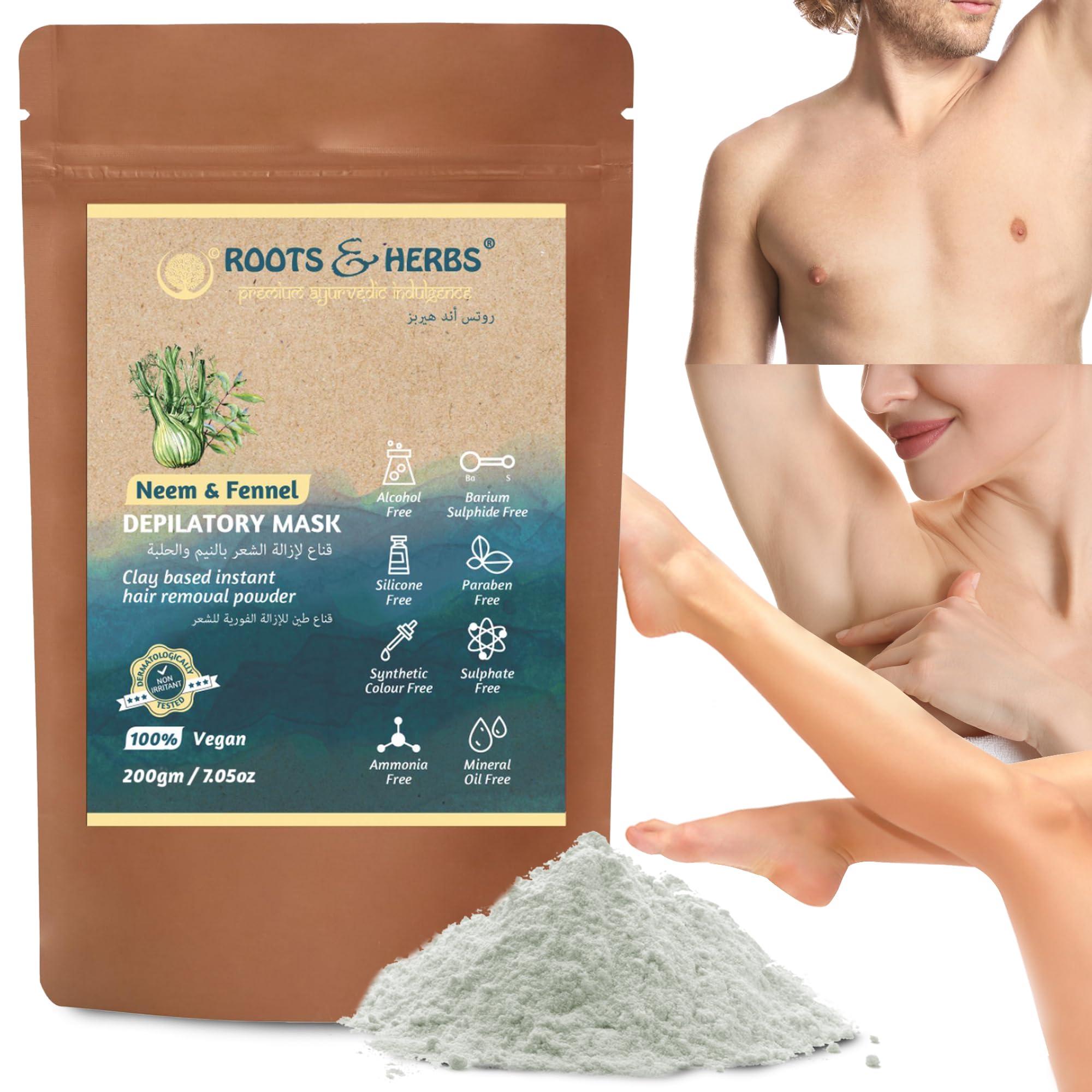 ROOTS AND HERBS ROOTS AND HERBS Vegan Hair Removal - Neem and Fennel Depilatory Mask - Men and Women's Facial Hair Removal for sensitive skin, Organic Hair remover, Pubic, Bikini, Leg Mask, Powder Waxing (7.05 Ounce)