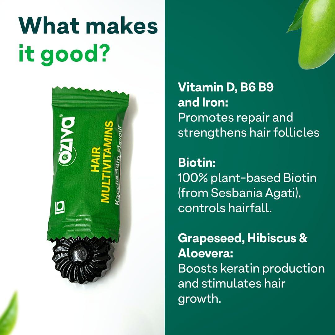 OZiva OZiva Biotin Hair Multivitamins Gummies For Stronger,Fuller,Shinier Hair|Hair Gummies With Keratin Builder,Iron&Vitamins B9,B6&D|Raw Mango Flavour|No Added Sugar (Pack Of 1,30 Gummies)