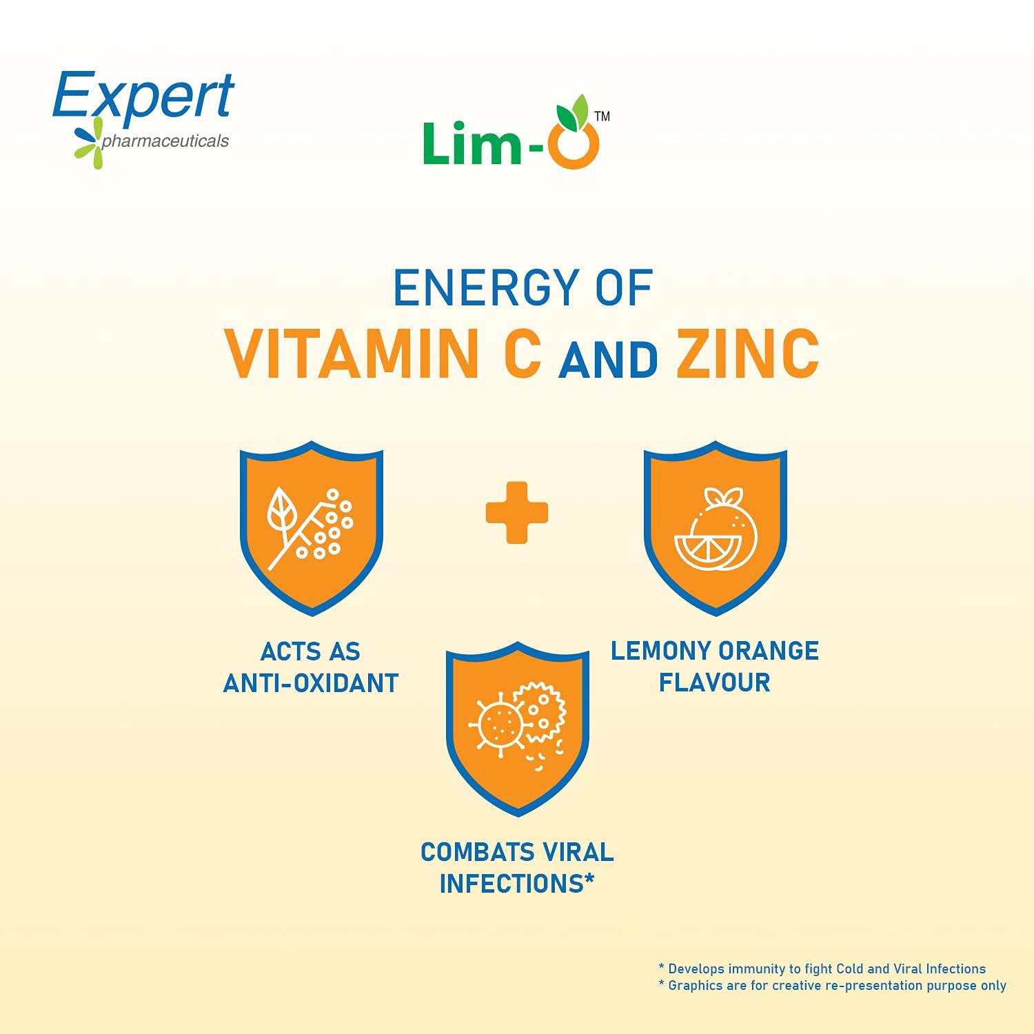 Lim-O Lim-O Vitamin C(500mg) & Zinc, Chewable Tablets for Immunity Skin Vegan Formula For Men Women, Orange Flavour (60 Tablets)
