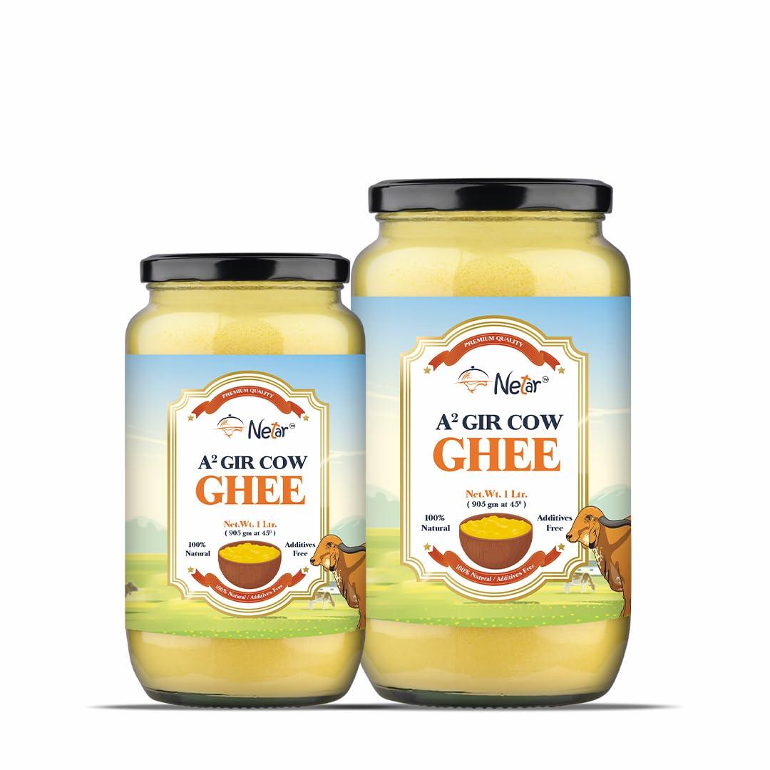 NETAR Netar Pure A2 Gir Cow Ghee 1 Ltr (Pack Of 2) | Vedic Bilona Two Way Hand Churned | Indiand Gir Cow Ghee, Natural & Healthy,| No Added Colour and Preservatives, | 1 Litre (Jar Pack Of 2).
