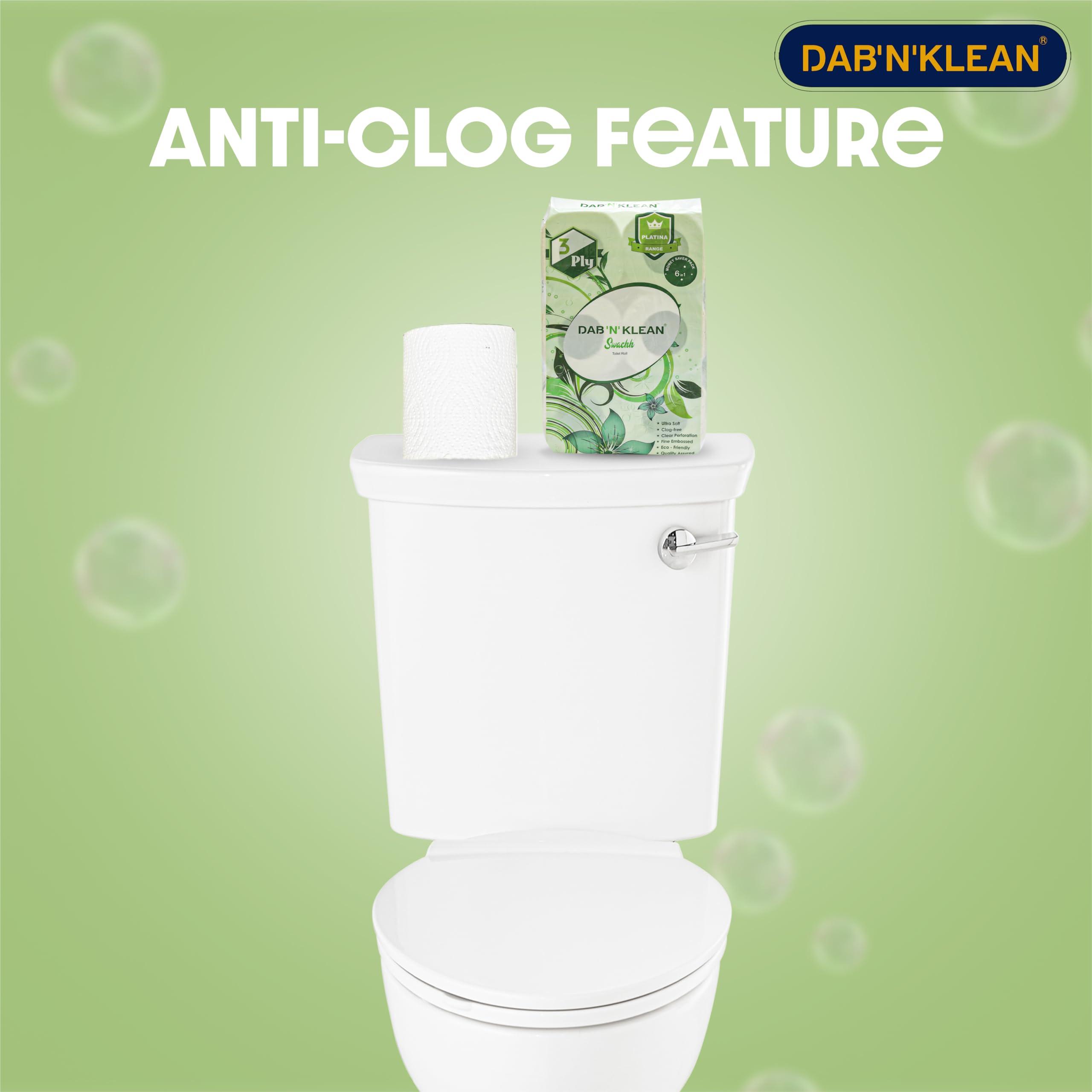 DAB N KLEAN Dab N Klean - Toilet Paper Roll - 1800 Pulls - (300 Sheets x Pack of 6) - 3 Ply - Soft Toilet Tissues - Home Hygiene