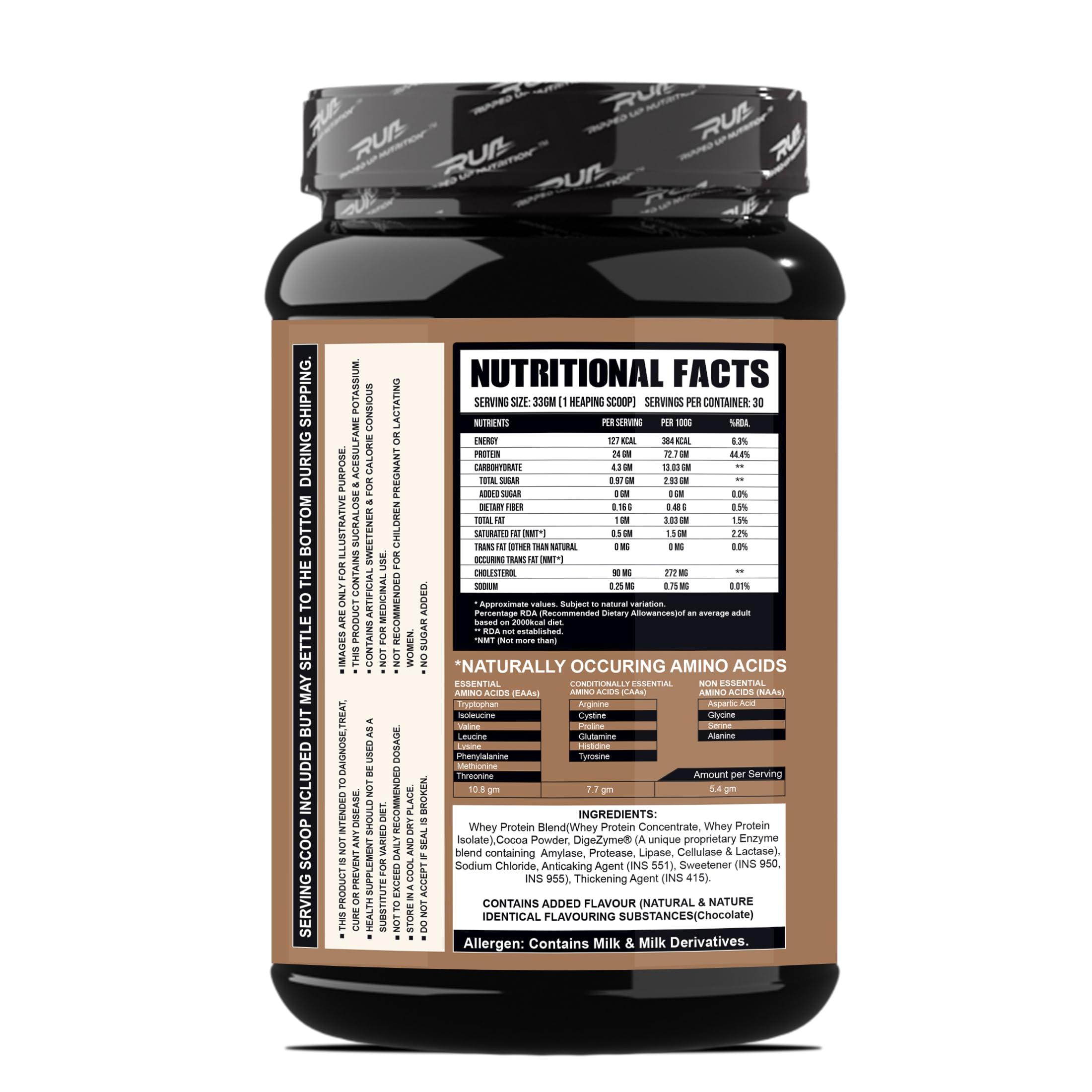 Ripped Up Nutrition Ripped Up Nutrition- Whey Pro (TRUSTIFIED) - 24GM Protein - 0GM Sugar- Low Carbs Supplements Powder, Digestive Enzimes (1kg, Rich Chocolate)