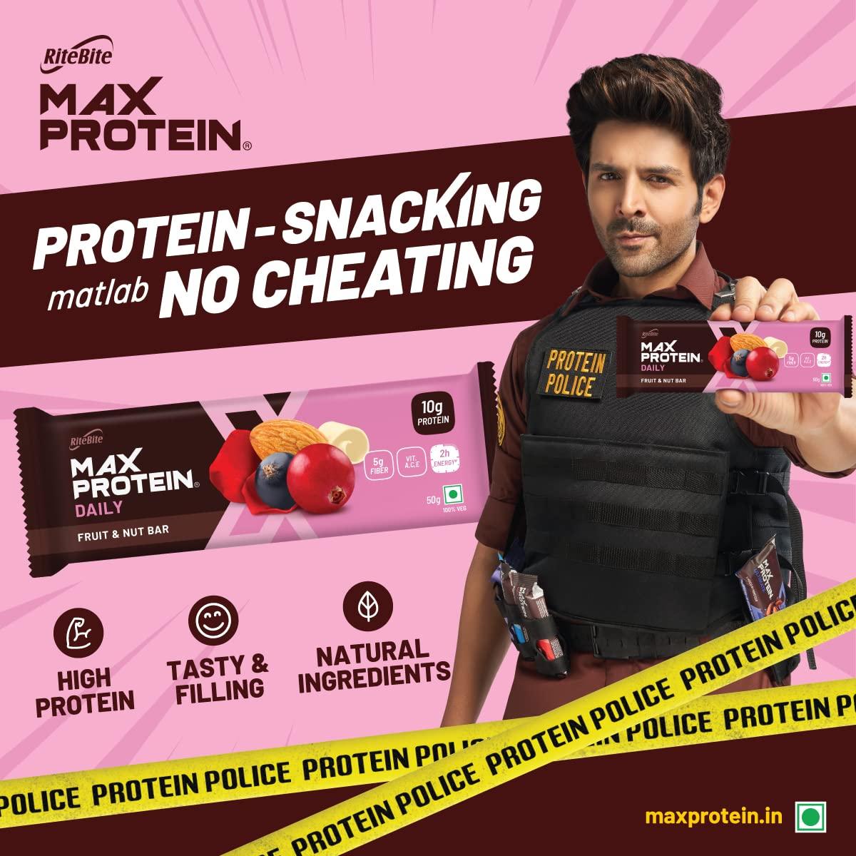 RiteBite Max Protein RiteBite Max Protein Daily Fruit & Nut 10g Protein Bars [Pack of 6] Protein Blend, Fiber, Vitamins A,C,E, No Preservatives, 100% Veg, For Energy, Fitness & Immunity - 300g