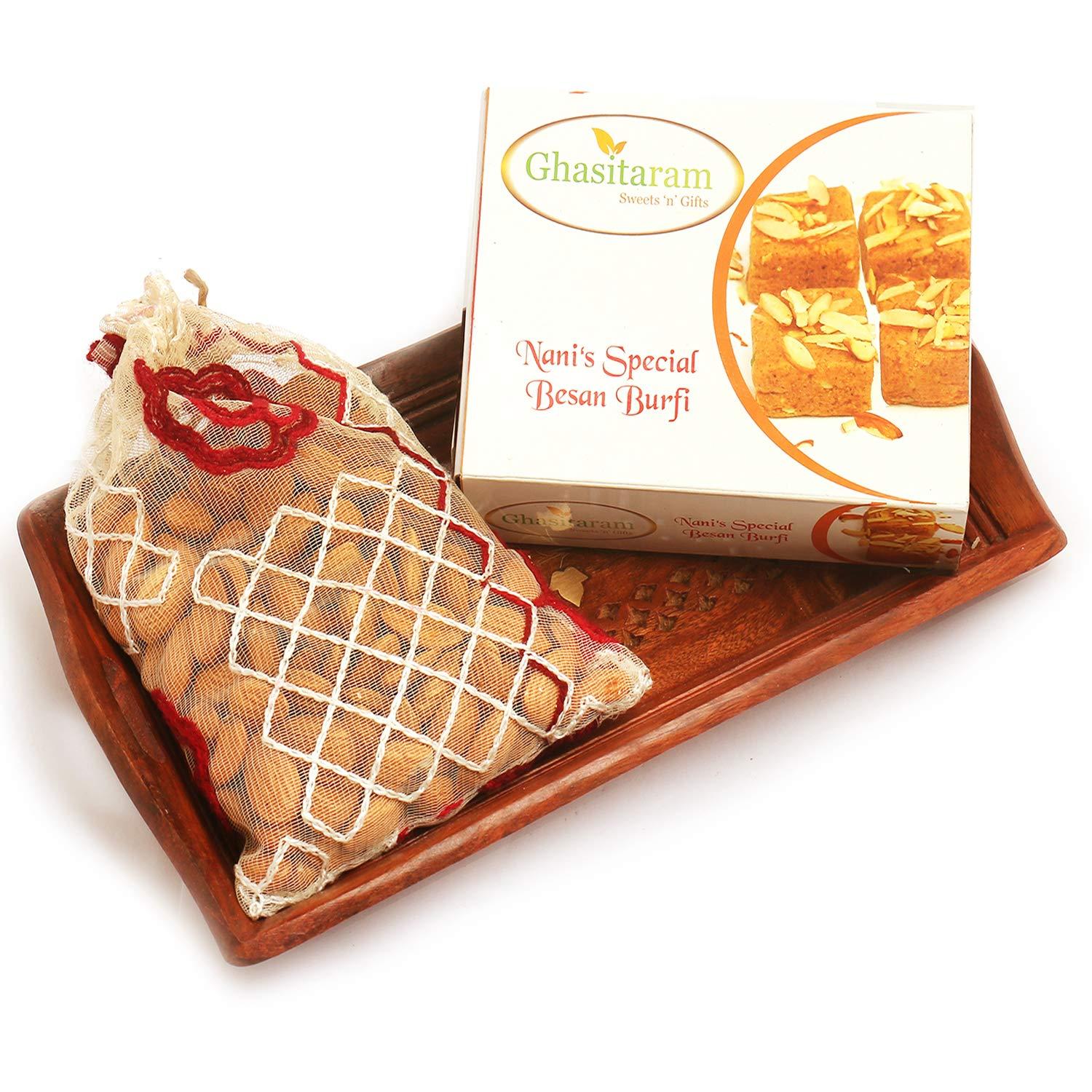 Ghasitaram Gifts Ghasitaram Gifts Small Wooden Serving Tray with Besan Barfi, and Almonds |Gift for Diwali,Holi,Rakhi,Valentine,Christmas,Birthday,Anniversary,Gift for Her,Him,Mothers Day,Fathers Day|