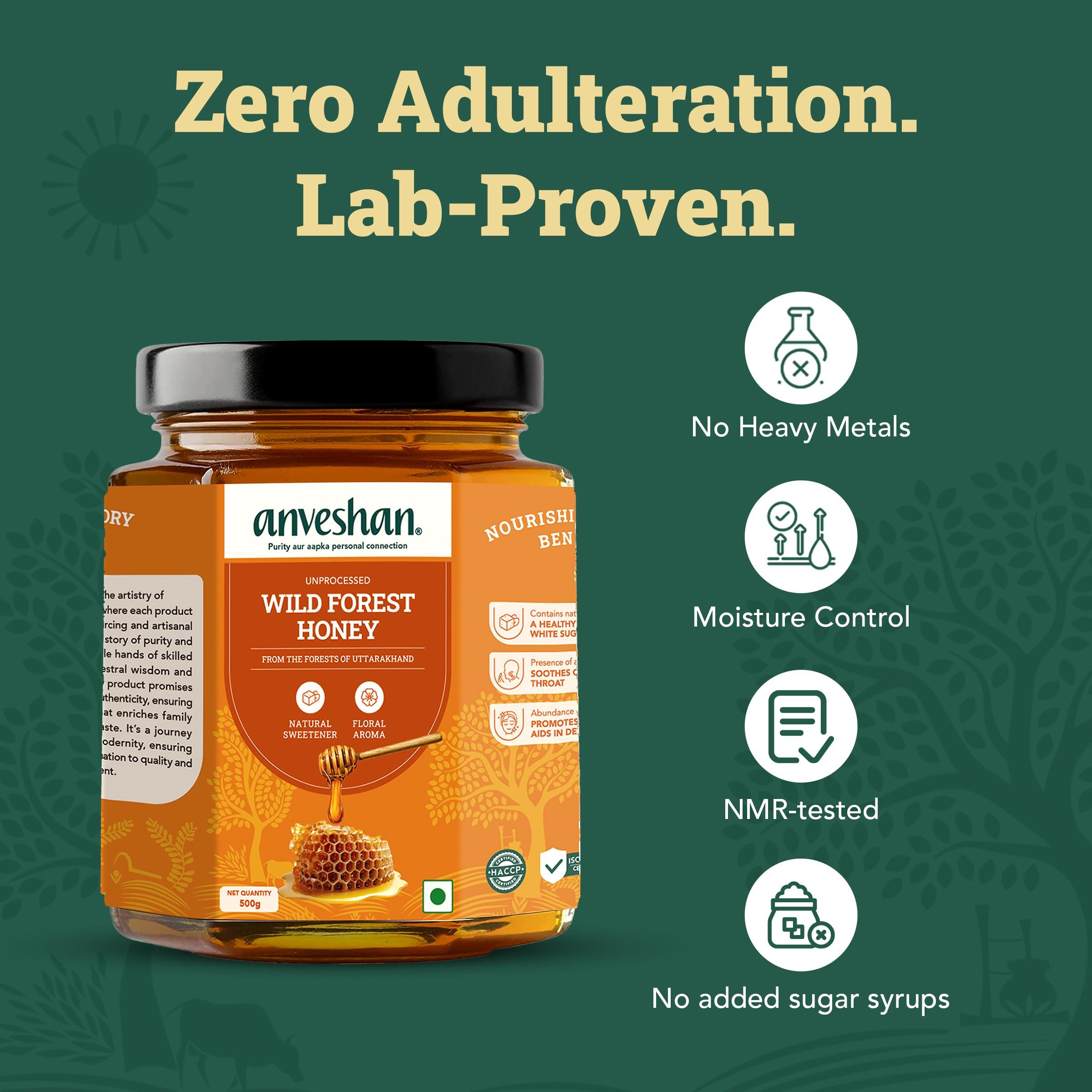 Anveshan Empowering farmers with technology Anveshan Wild Forest Honey 500g | Glass Jar | NMR tested | Raw & Unprocessed | No Added Sugar | Immunity Boosting