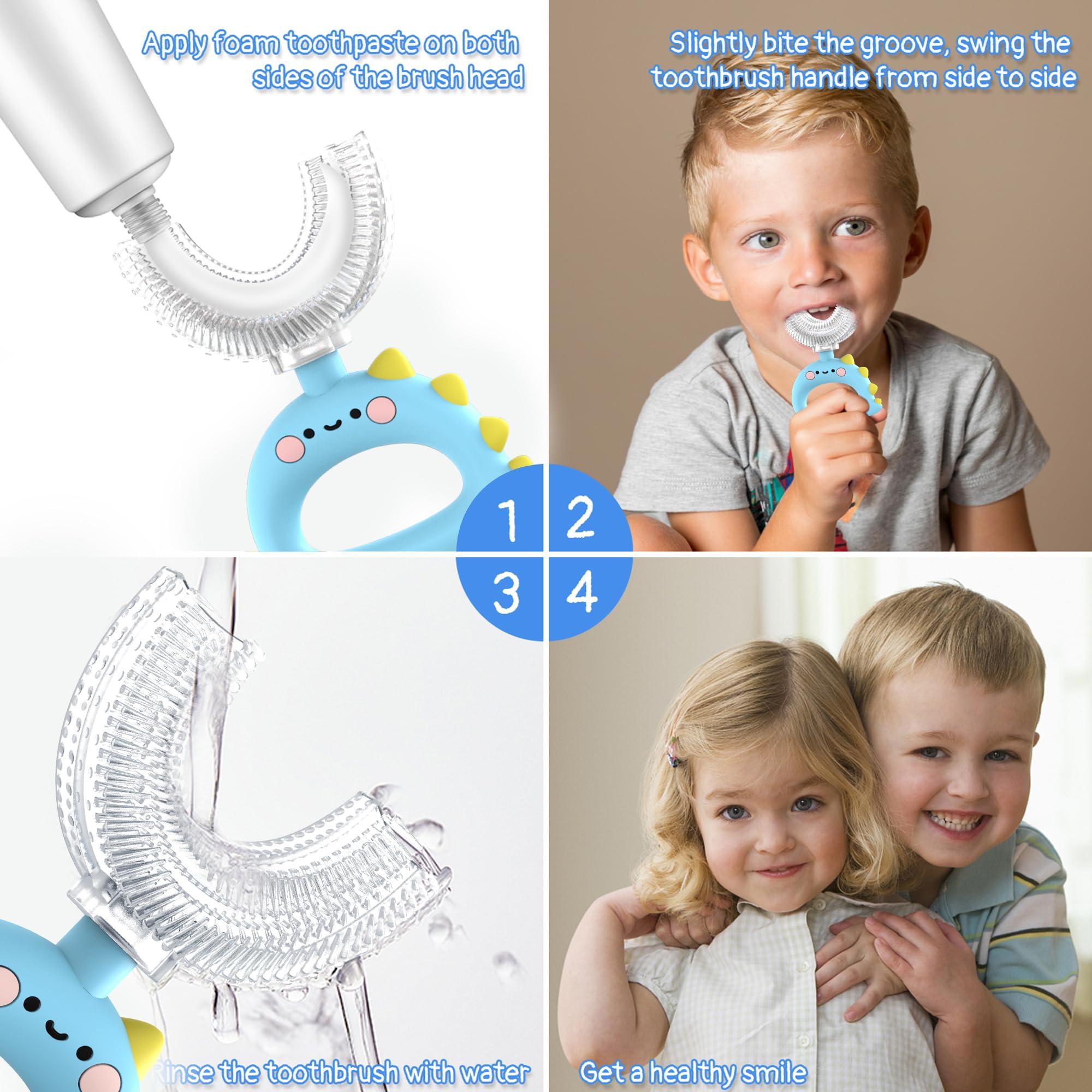 Meoligr U Shaped Toothbrush - for Kids, Manual Whole Mouth Toddler Toothbrush Age 2-4 5 6 & up, Food Grade Soft Silicone Brush Head, 360 Oral Teeth Cleaning Design, Good for Children\'s Dental Health, 2 Blue