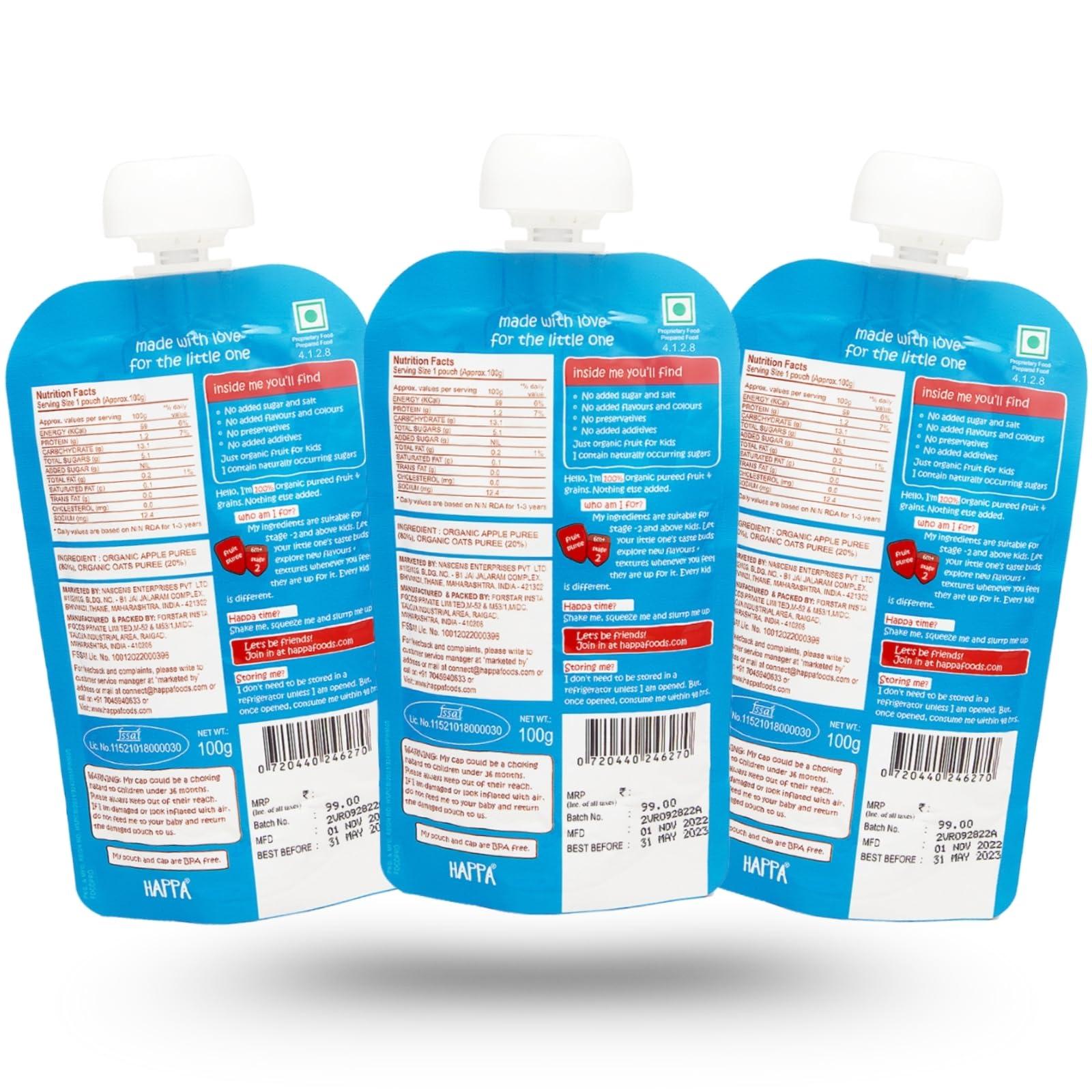 HAPPA Happa Organic, (Apple + Oat Puree), 3 Pouch 100g Each