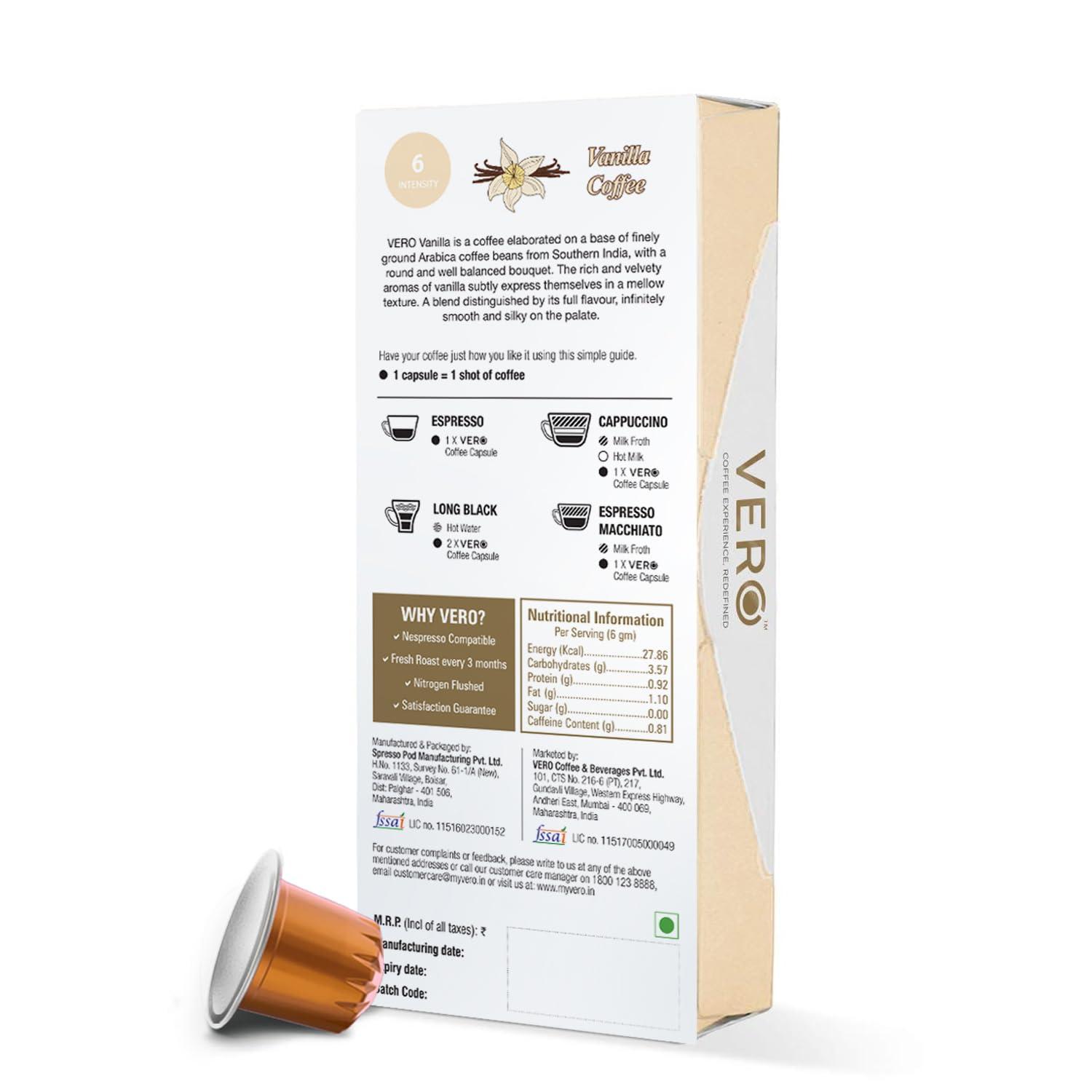 VERO VERO \"Vanilla Coffee Capsules\", Intensity 6 of 12, Original Nespresso Compatible Coffee Pods, Medium Roast, Pack of 10 Pods, Made in U. K.