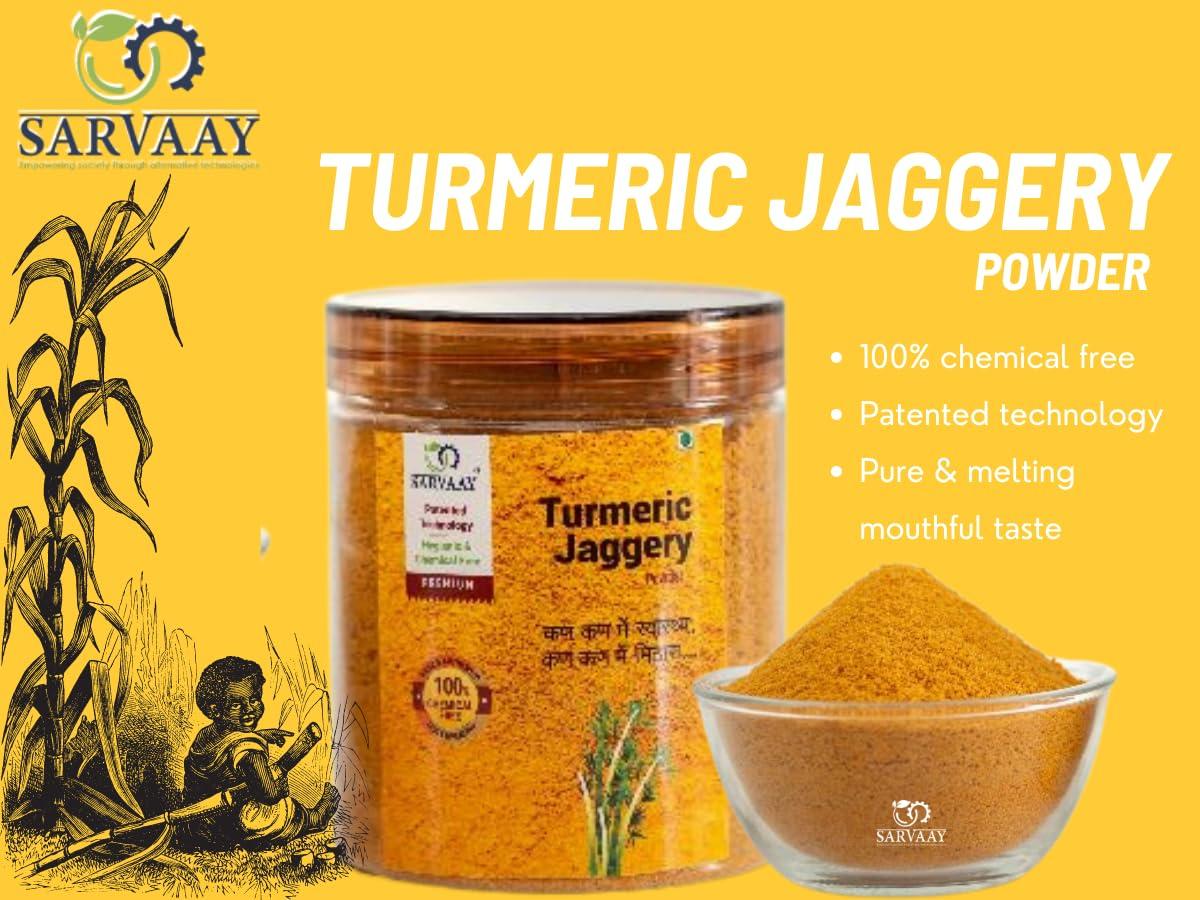 SARVAAY SARVAAY Premium Golden Turmeric Jaggery Powder - Chemical-Free Production w Patented REJP Technology | Purity & Delightful Taste | Natural Sweetener, Sugar Substitute - 300g Gur Powder - IMMUNITY BOOSTER