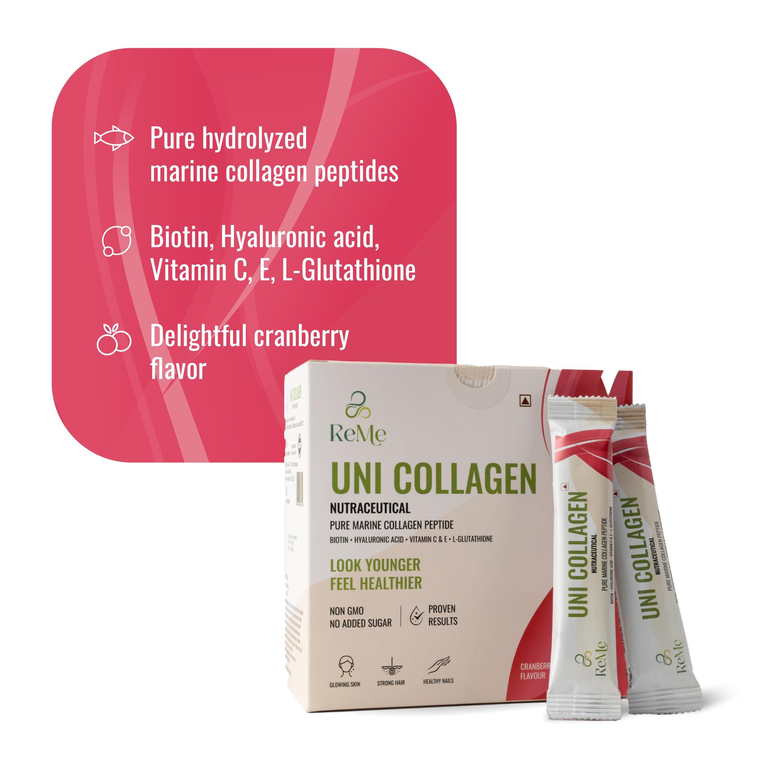 REME ReMe Uni Collagen - Pure Premium Marine Collagen Peptide With Antioxidants - Pack of 30 Stick Packs. Color:White.