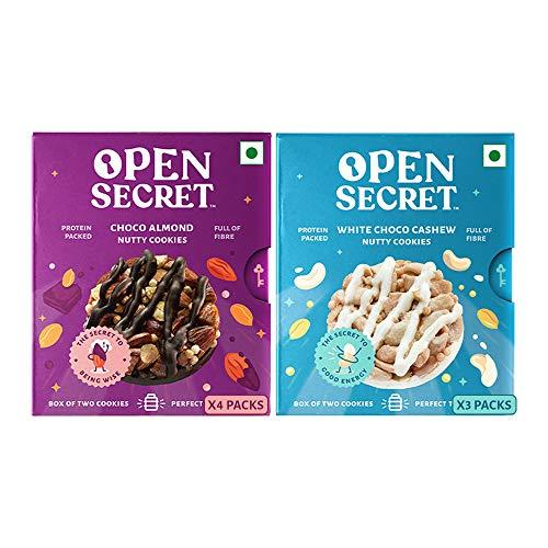 Open Secret Open Secret Multi Flavor Tiffin Snacks- Healthy Choco Almond (4) + White Choco Cashew (3) Cookies with Nuts |No Added Maida, Family & Back to School Snacks Biscuit | 7 Boxes (2 Cookies per Box)