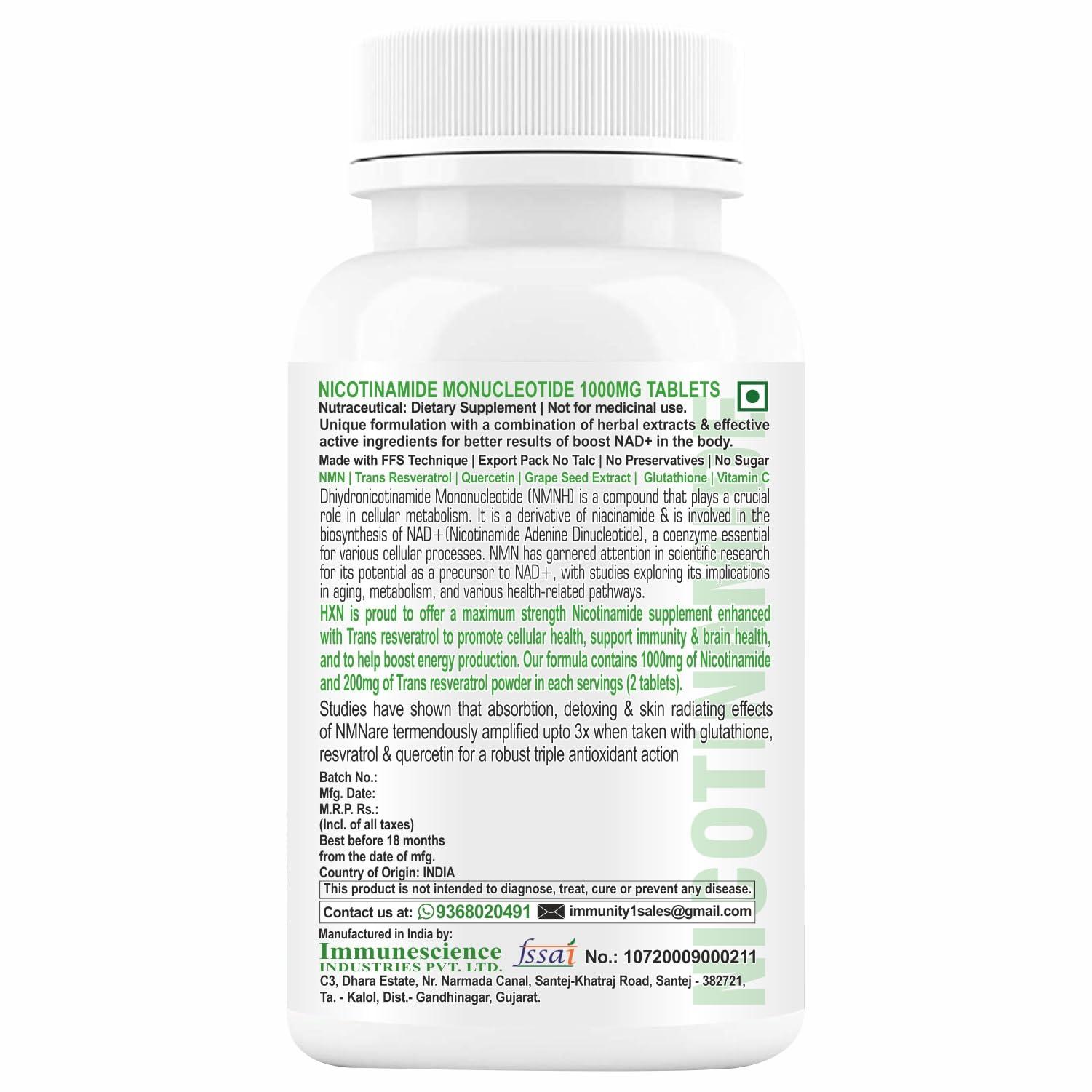 HXN HXN Nicotinamide Mononucleotide NMN Supplements 1000mg With Trans Resveratrol, Ultra High Strength 99.98% Pure NAD Plus Supplement-60 Sugar Free Tablet (Pack 1) (midium, 60)