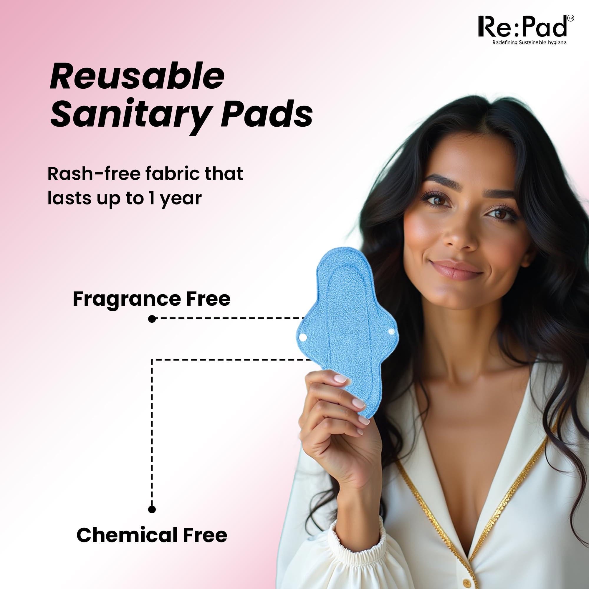 Re:Pad Re pad Reusable Cloth Sanitary for Women Overnight Cloth Washable Super-Absorbent, Soft and Comfortable 3 Super Maxi pads in (Blue) Sanitary Pad (Pack of 3) |Lasts Up To 1 .5 Years