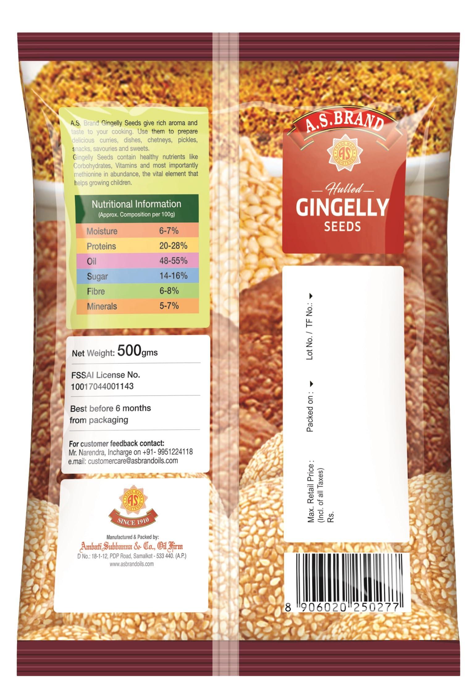 A.S. BRAND A.S. BRAND Hulled Gingelly Seeds 1 Kg (500 Gms X 2 Pieces)|Rich Taste & Aroma|A1 Grade Gingelly Seeds|White Sesame Seeds|Nuvvu Pappu|Safed Til|Ellu|Ell|Teel|Til