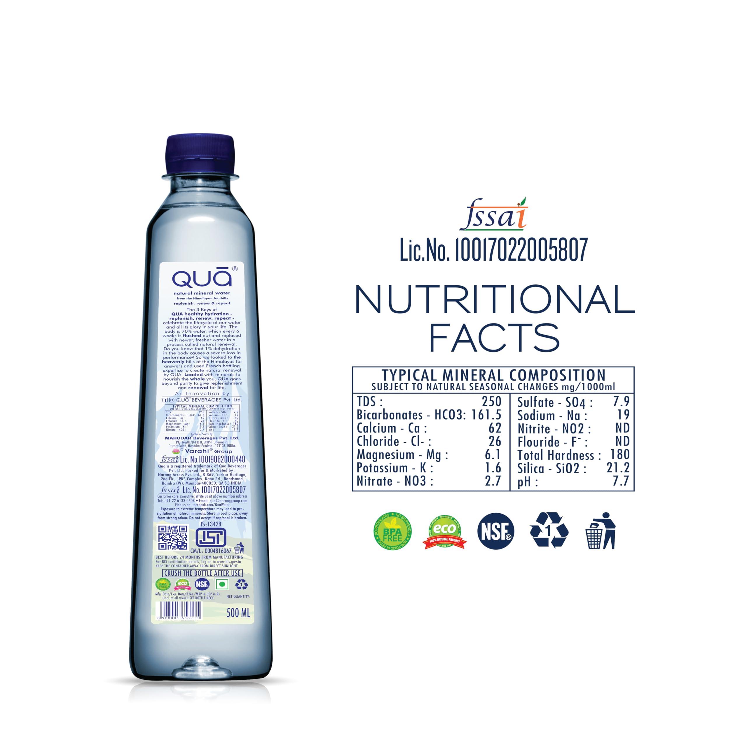 QUA Qua Natural Mineral Water 500ml | 500ml x 24 | From the Himalayan Foothills | Rich in Calcium, Magnesium and Other Minerals | Naturally Alkaline | Indias Finest Water | Bottled At Source