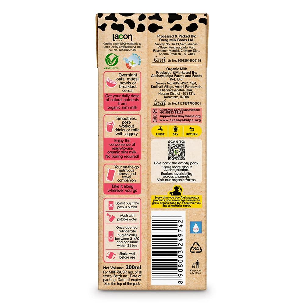 Akshayakalpa Organic Akshayakalpa Organic Slim Milk (Uht) Pack Of 16 (200 Ml) - Low-Calorie, Low-Fat, Long-Shelf Life, No Chemical Residues, Convenient And Ready-To-Use, Nutritious By Nature, Liquid