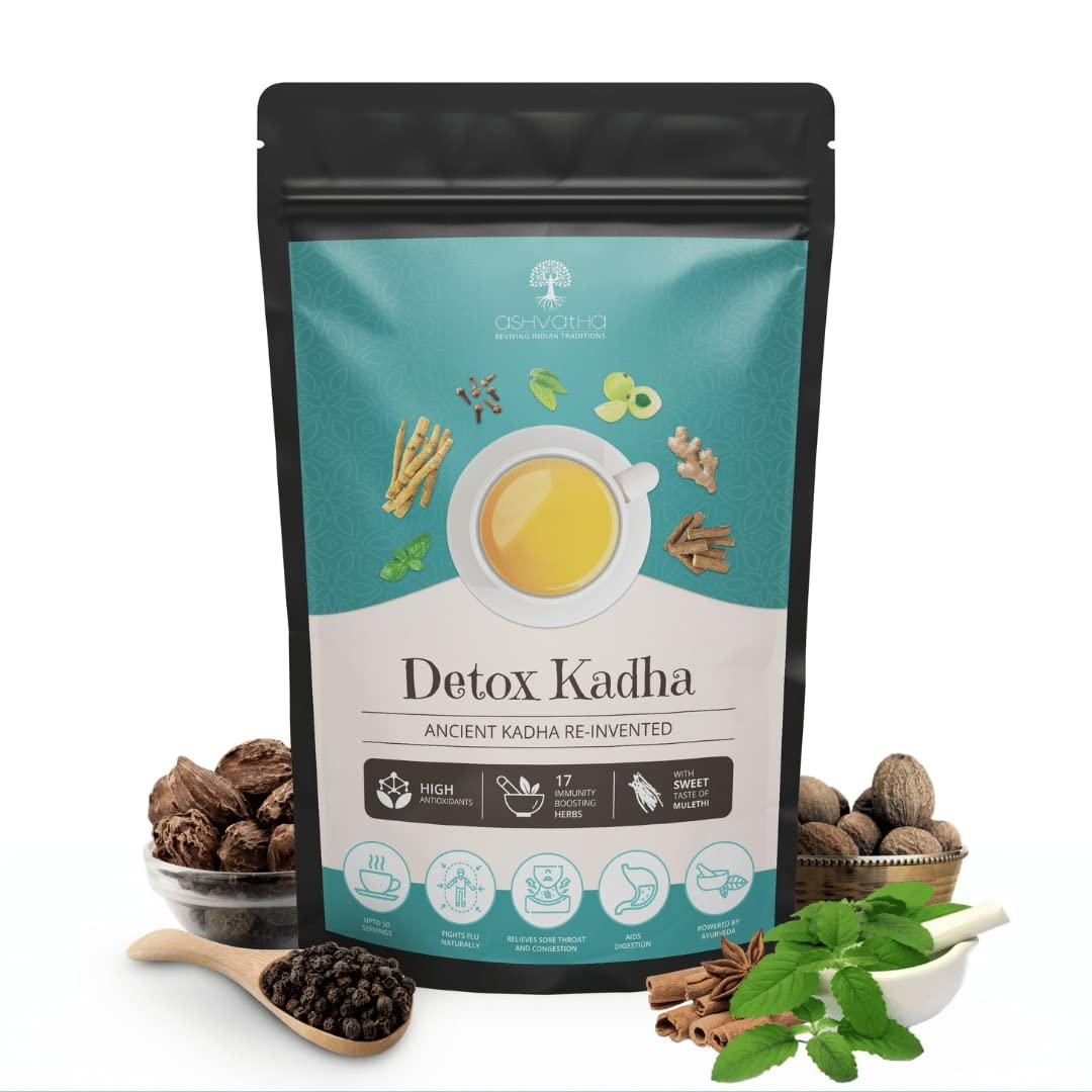 Ashvatha Ashvatha Detox Kadha - Ayush Kadha Tea I 17 Premium Ayurvedic Herbs I Ayush Kwath with Ashwagandha Tulsi Ginger Amla Mulethi I Immunity Booster I 100g (Pack of 1)