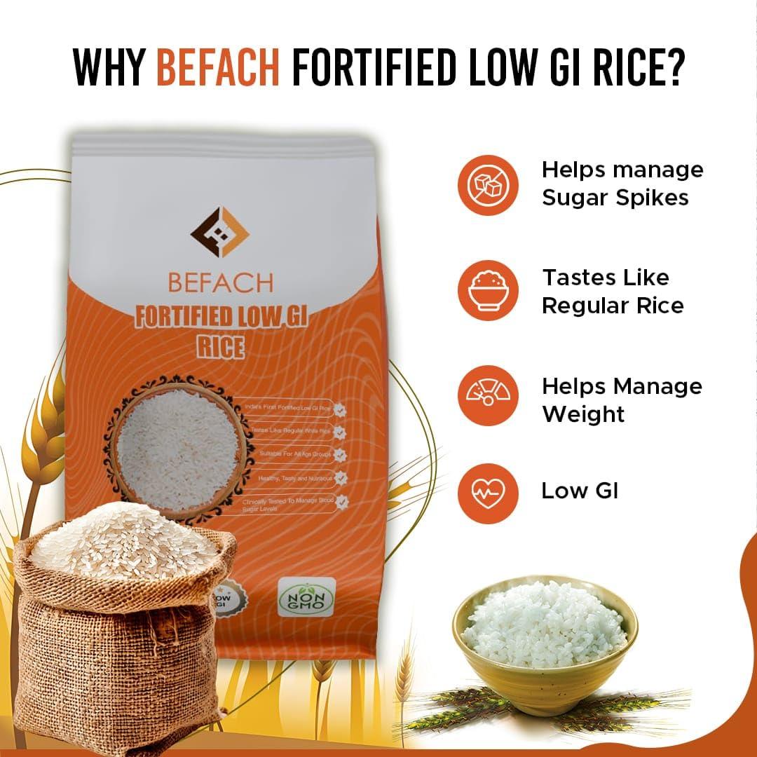 Befach 4x Befach Fortified Low GI Rice | Free of Pesticides, Non GMO, Certified Low GI & Low Sugar White Rice Perfect for Diet & Diabetic Patients | 4.5 kg (Pack of 3)