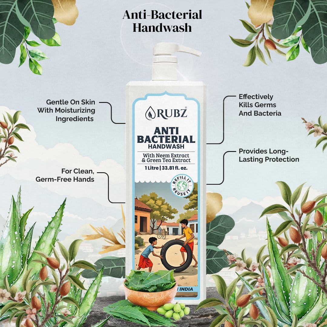 Rubz Rubz Antibacterial Handwash Refill Pack 5 Litre with 500ml bottle | Paraben Free Liquid Gel | Complete Protection for Soft Hands | Best for Hotel, Spa, Salon, Family, Gym | Total 5.5 Litre