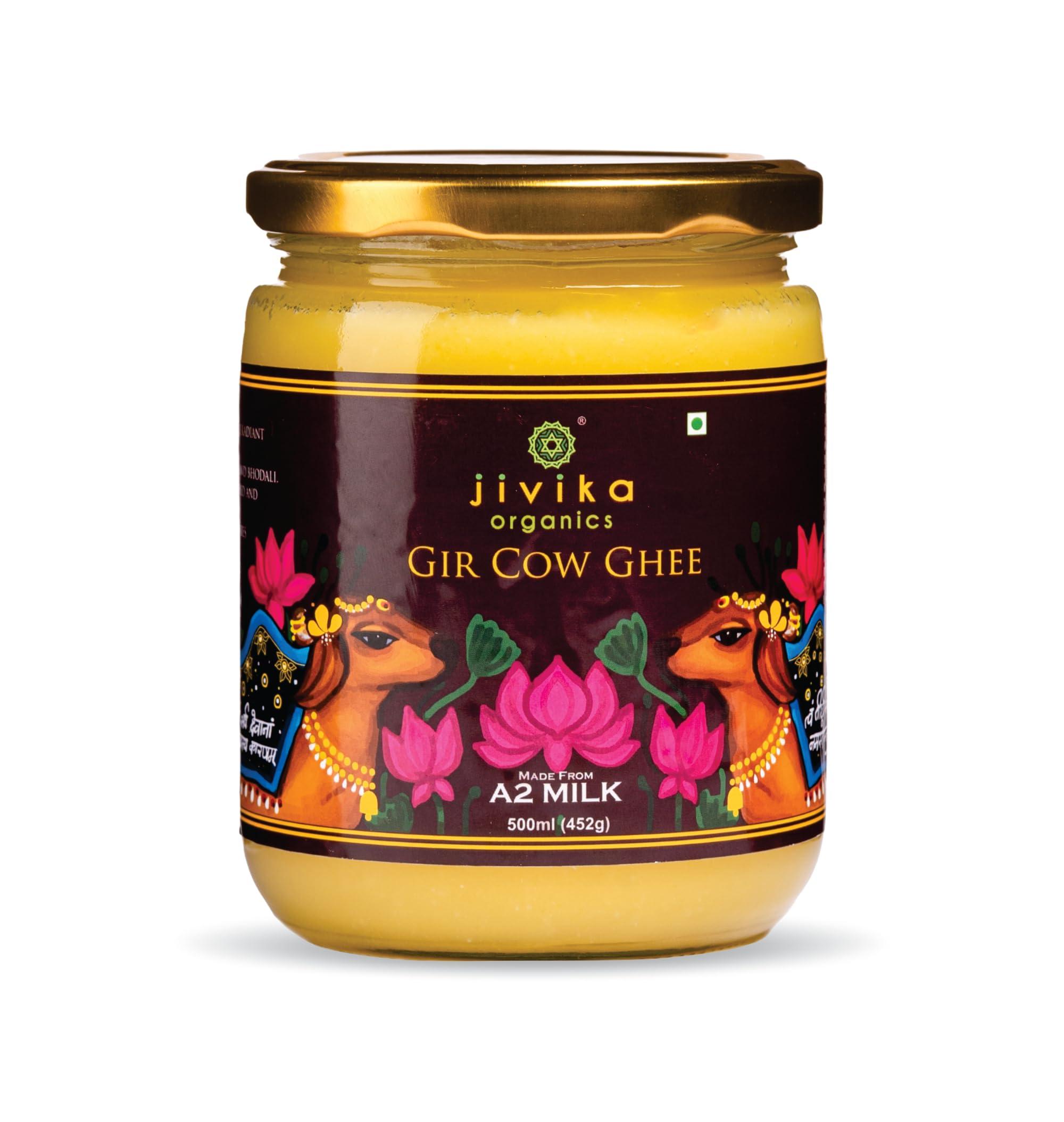 JIVIKA NATURALS Jivika Premium A2 Gir Cow Ghee 500ml | A2 Milk Tested | Vedic Bilona Method | Lab Tested | Pure Desi Cow Ghee | Hand Churned Two-way Direction | Churned from Curd | Pure Ghee | Danedar | Glass Jar