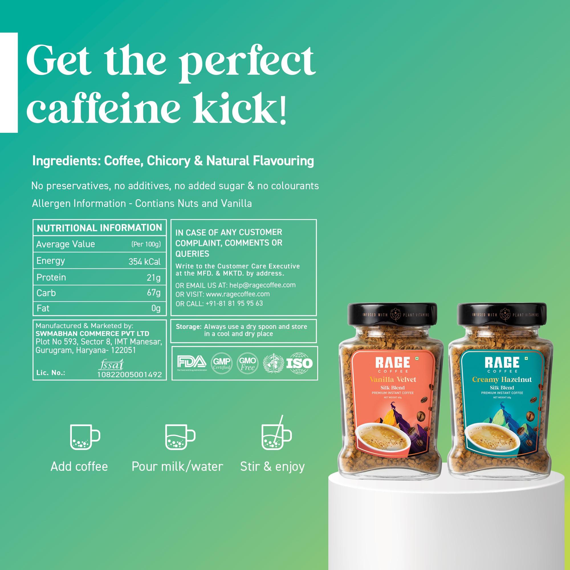 RAGE COFFEE Rage Coffee Silk Blend Instant Coffee | Creamy Hazelnut & Vanilla Velvet Silk Blend Flavoured Coffee 60 GMs Each | 100% Pure Instant Coffee | Premium, Bold & Smooth | Pack of 2
