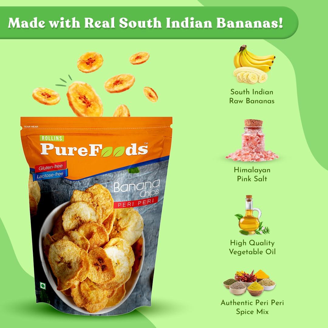 ROLLINS PureFoods PureFoods Premium Peri Peri Banana Chips | Real South Indian Bananas | Tasty & Healthy | Gluten-Free Snacks | 120g Each (Pack of 1)