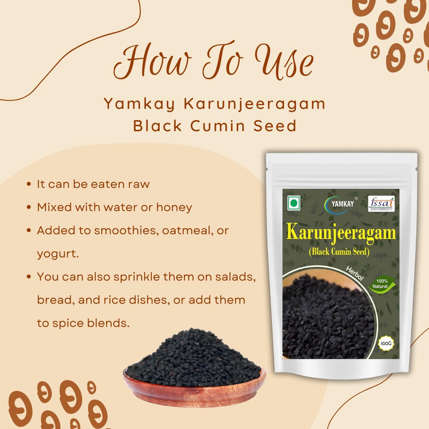 YAMKAY Yamkay Karunjeeragam Black Cumin Seed Whole Jeera safed jeera Indian spice Royal Cumin | Kala Jeera | Kalonji Seed | Raw Nigella Seeds | Seeds for Hair Growth | 100% Natural | Culinary Spice | Health Benefits | Gluten-Free | Source of Antioxidants 10