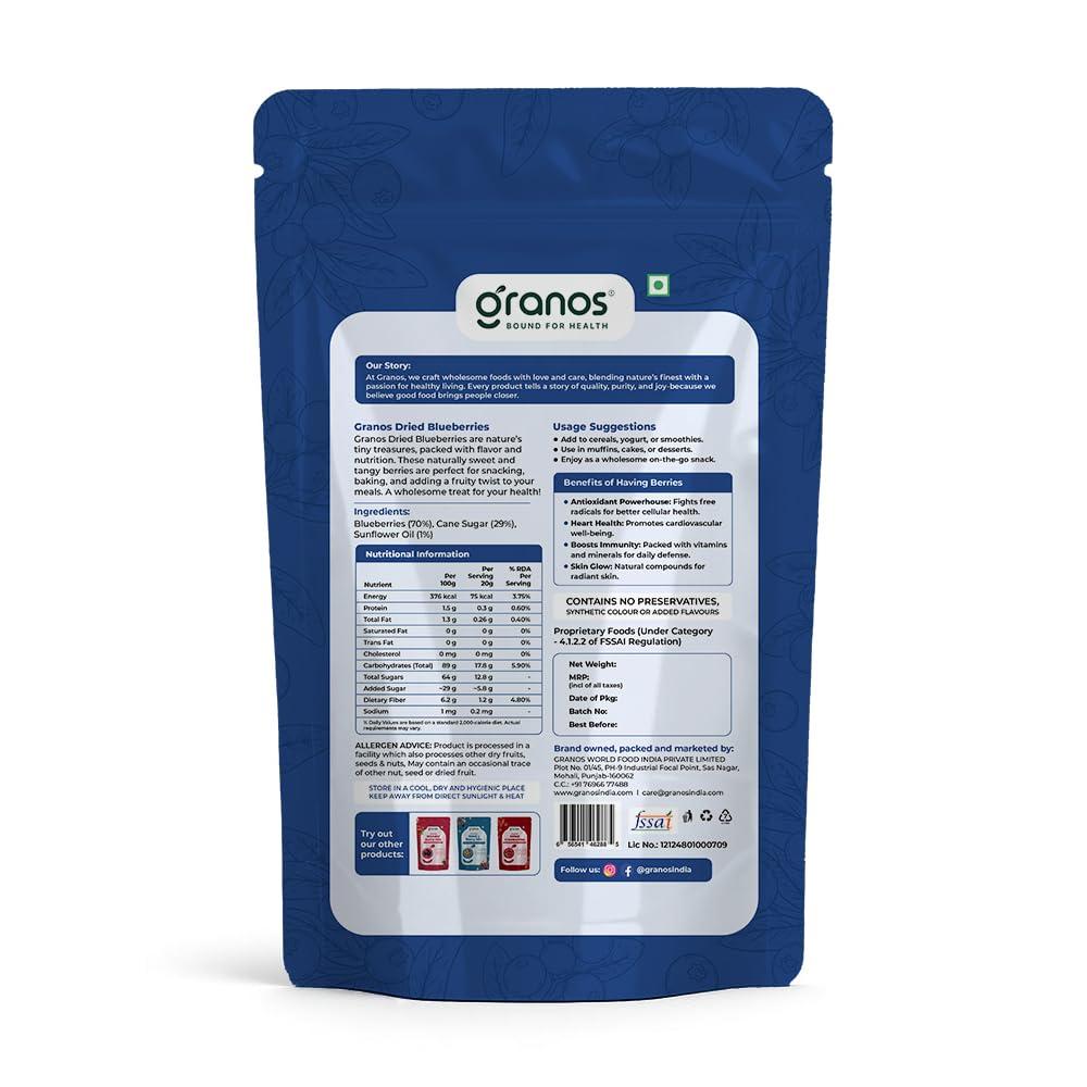 GRANOS Granos Dried Blueberries 150g | Dried Fruits | Sweet Berries | Produce Of USA | Trans Fat Free | Gluten Free | Healthy Skin | Boost Immunity | Rich In Nutrients | 100% Natural | Plant Based | Healthy Motabolism