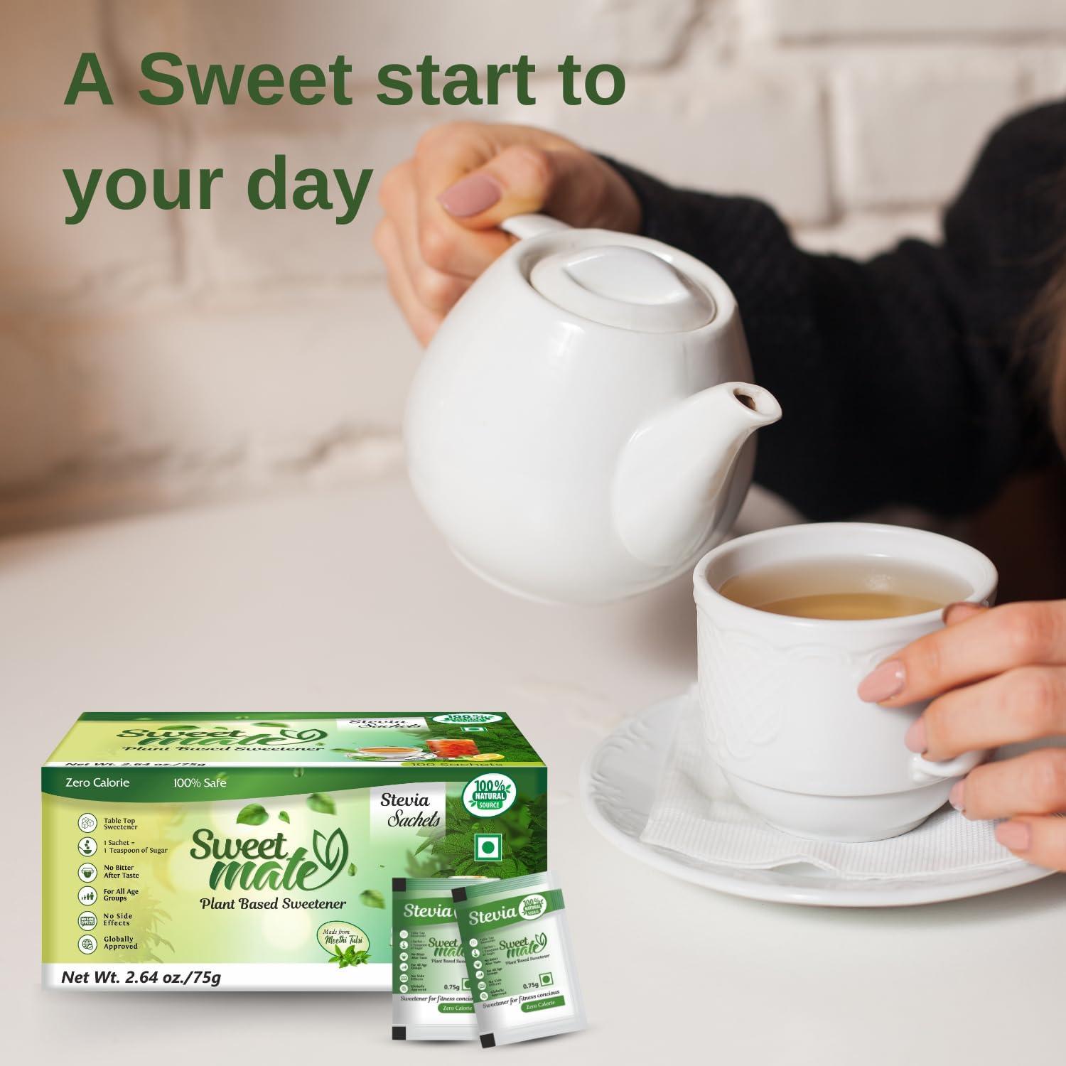 Sweetmate Sweetmate Stevia Sachets (100 Sachet x Pack 4) - 400 Servings | 100% Sugar Free, Natural, Diabetic Friendly | Plant-Based Natural Sweetener Powder, Zero Calories | Vegan & Keto Friendly Stevia Powder
