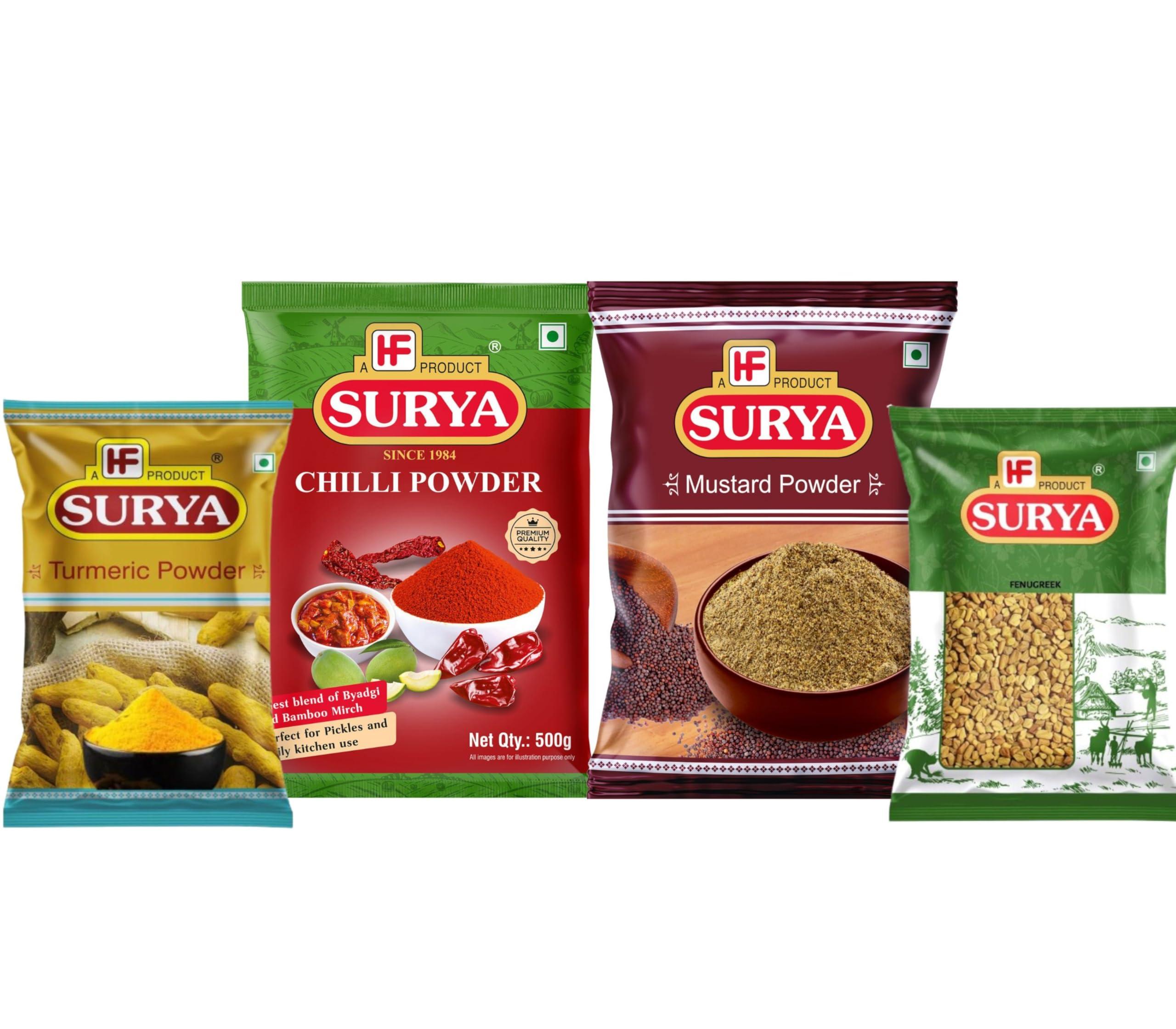 surya Surya Masale combos - Fenugreek powder 100g + Rai powder 200g + Pickle Mirchi powder 200g + Pickle mirchi powder 200g ((Pack of 4))